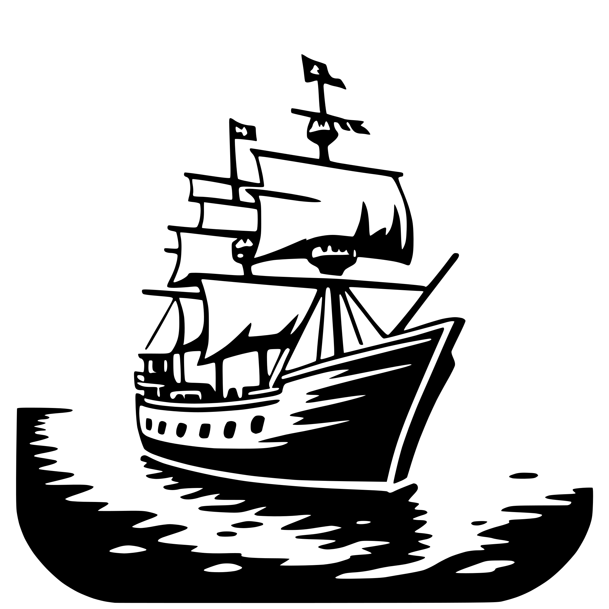 The SVG depicts a stylized black and white illustration of a sailing ship on water. The ship has multiple masts with sails, and there is a flag flying at the stern. The ship is designed with a simple, cartoon-like style, emphasizing its silhouette against the water. The water is represented with a few ripples and a reflection of the ship's hull. The ship is oriented towards the right side of the SVG, suggesting movement in that direction. The overall impression is one of a classic sailing vessel in a calm sea. 