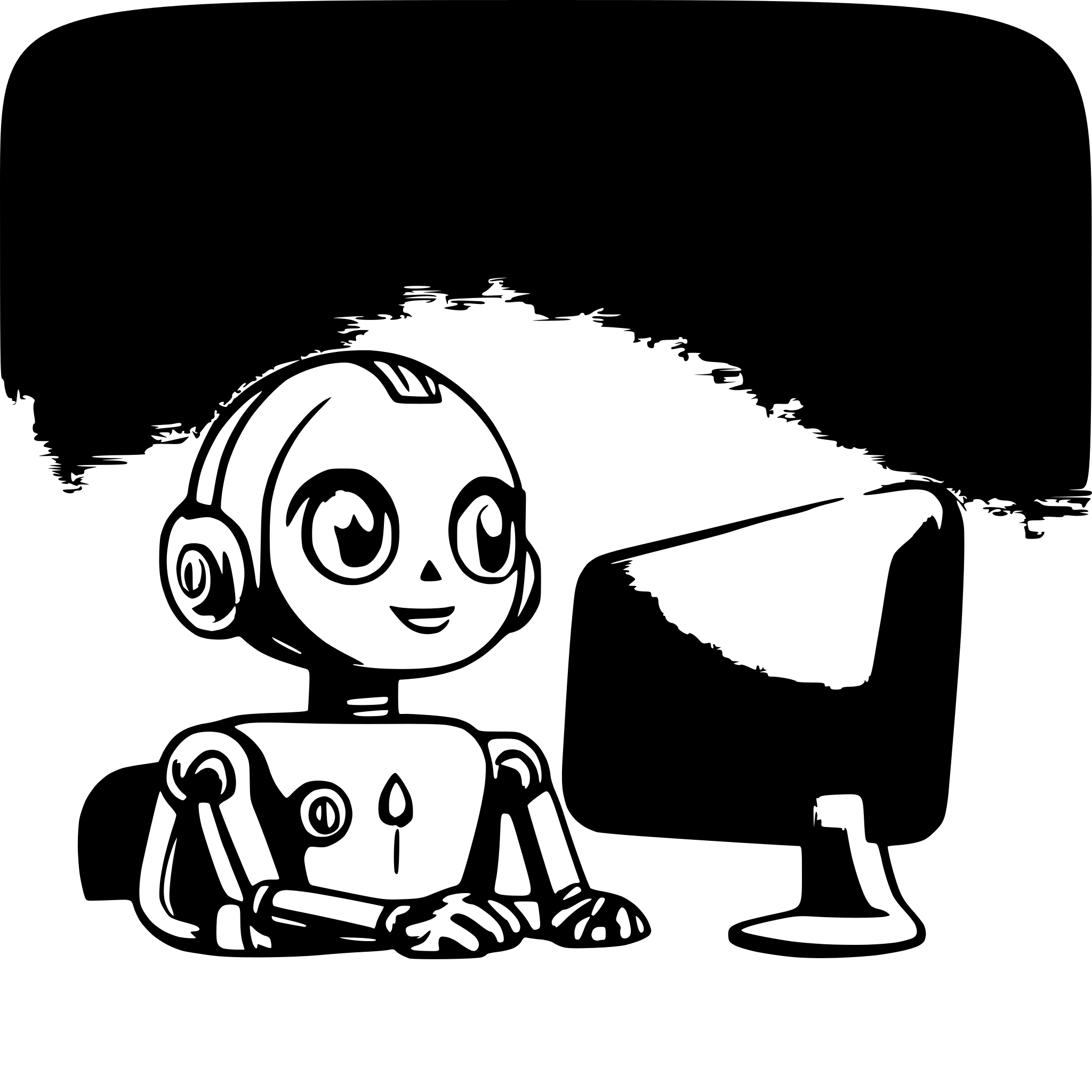 AI-generated SVG of a A friendly robot assistant with a rounded head and gentle expression, featuring large circular eyes with a subtle glow, sitting at a modern desk with floating speech bubbles containing helpful symbols like lightbulbs and checkmarks around it, positioned in a clean minimalist workspace environment