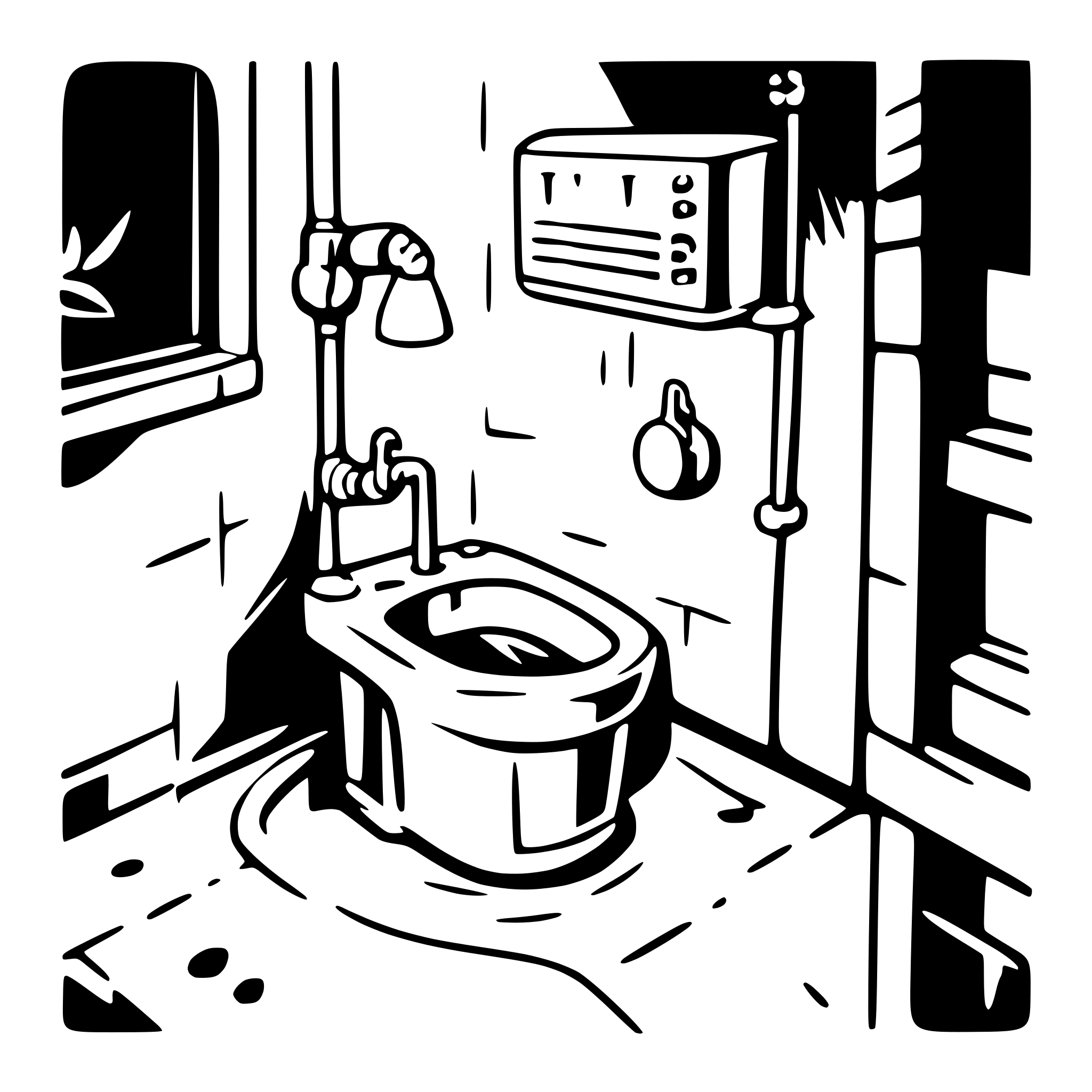 AI-generated SVG of a blueprint plan, humorous theme, water connection, sewage connection, toilet, sink, scheme