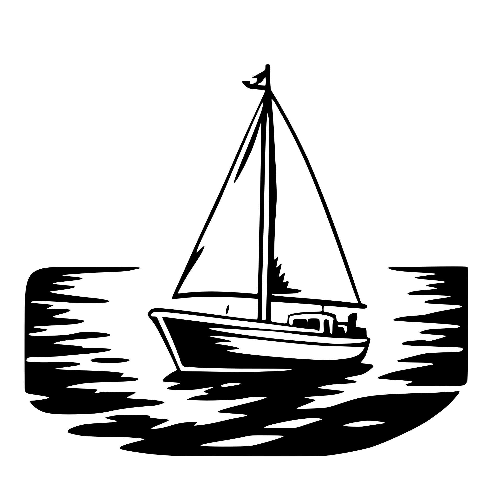 The SVG depicts a simple black and white line drawing of a sailboat on water. The boat is shown with its sails down, and it appears to be floating on a body of water. The water is represented by a series of curved lines that suggest waves or ripples. The boat is the central object in the SVG, and it is positioned in the middle of the water. There is no interaction between the boat and the water, as the boat is stationary and the water is depicted as calm. The SVG does not contain any text or additional objects. 