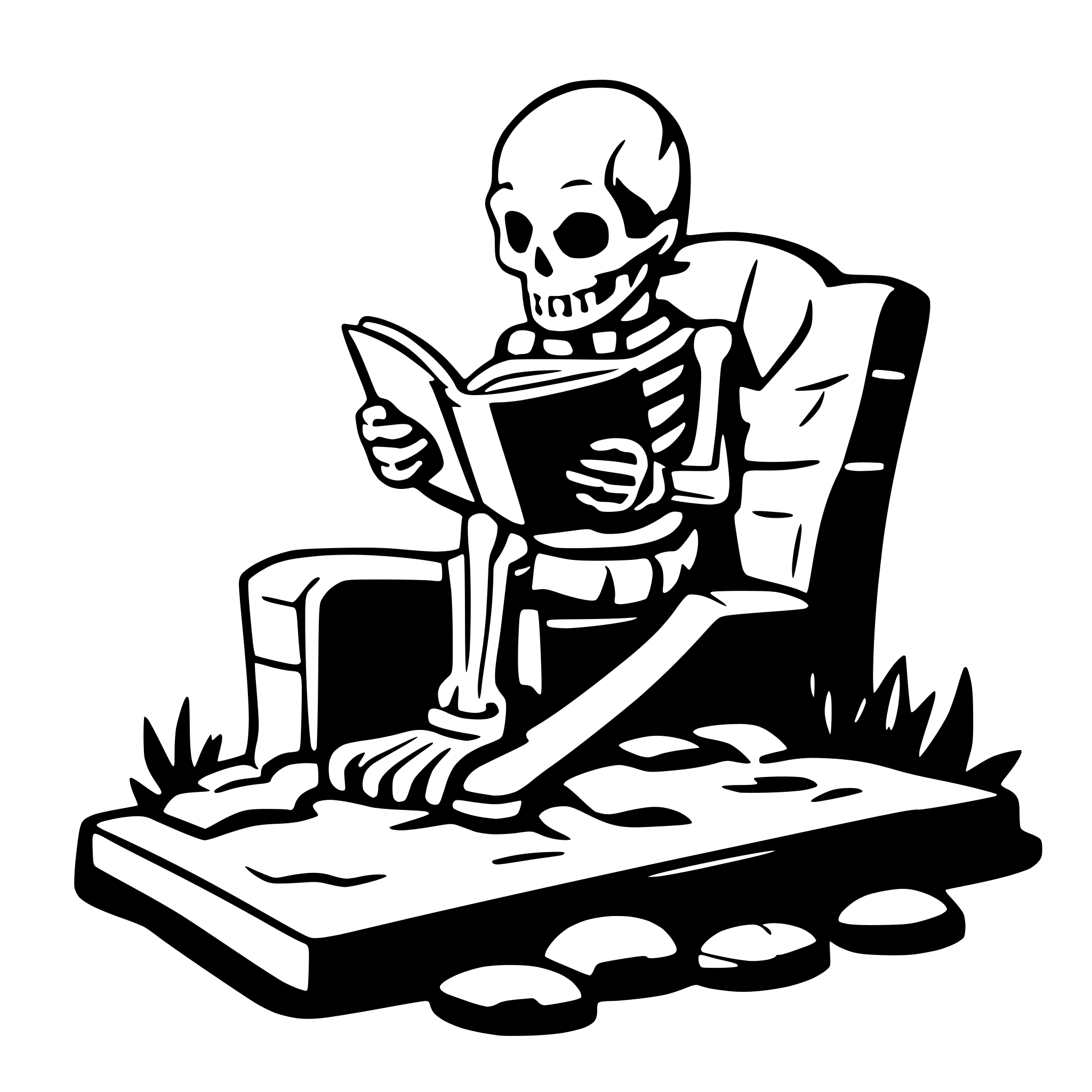 AI-generated SVG of a a skeleton sitting on a grave an reading