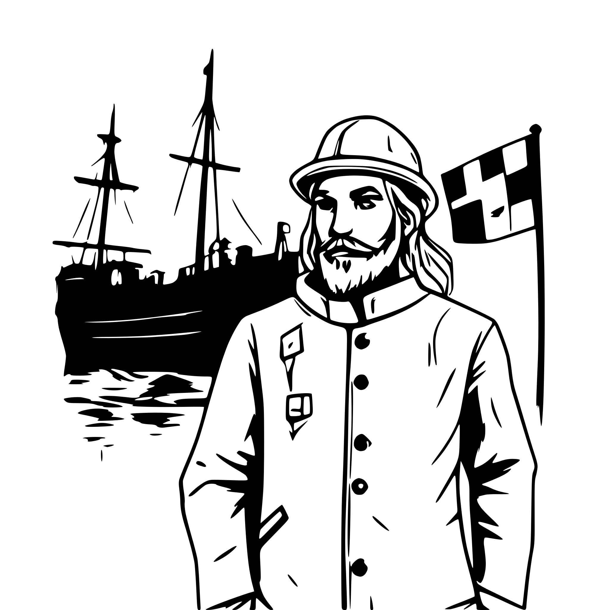 AI-generated SVG of a Ferdinand Magellan stands at the harbor beside a large ship with the Spanish flag waving. The sky is orange at sunset, and the crew is preparing to set sail. AI-generated SVG of a Ferdinand Magellan stands at the harbor beside a large ship with the Spanish flag waving. The sky is orange at sunset, and the crew is preparing to set sail.