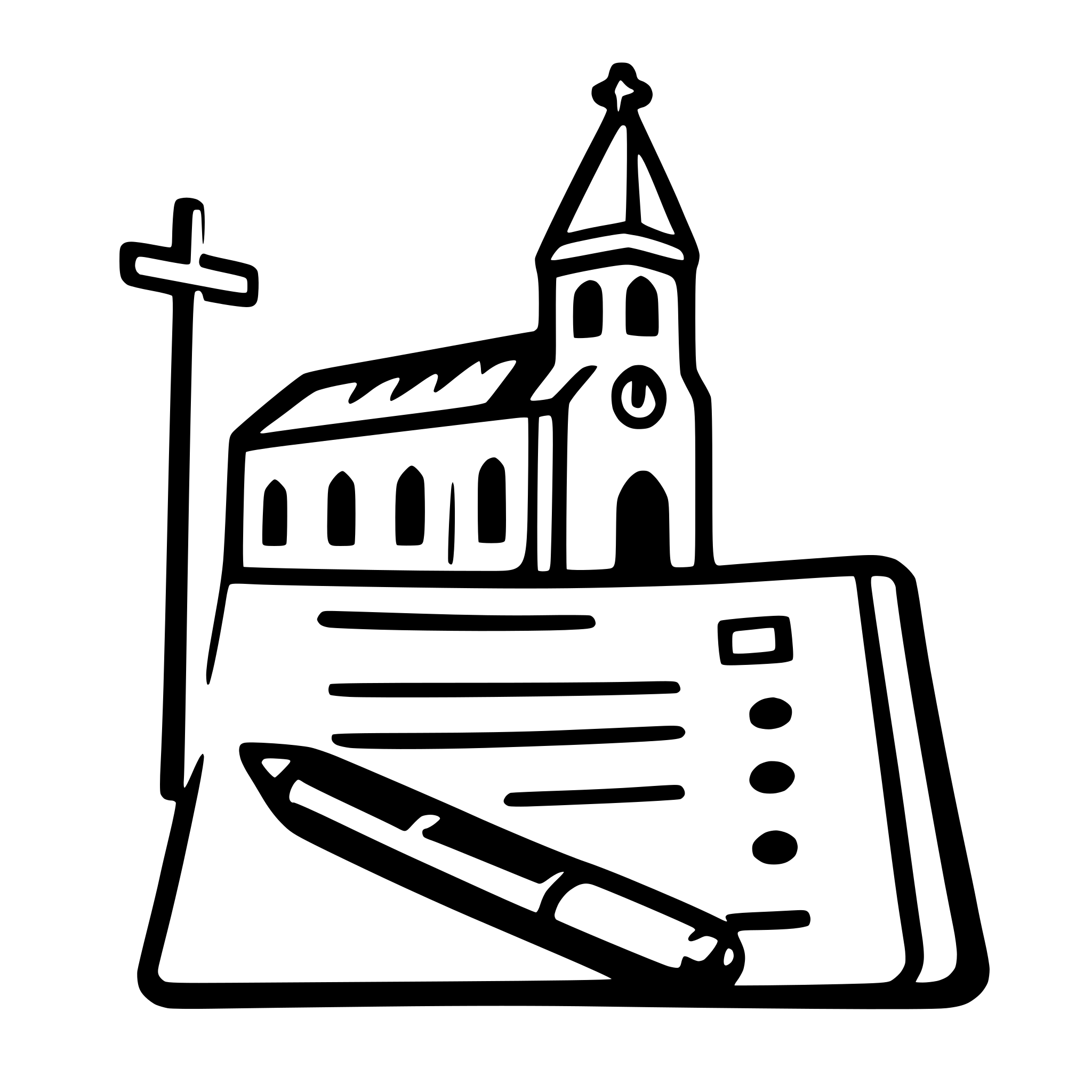 AI-generated SVG of a Registration form and pen in the foreground, with a church in the background