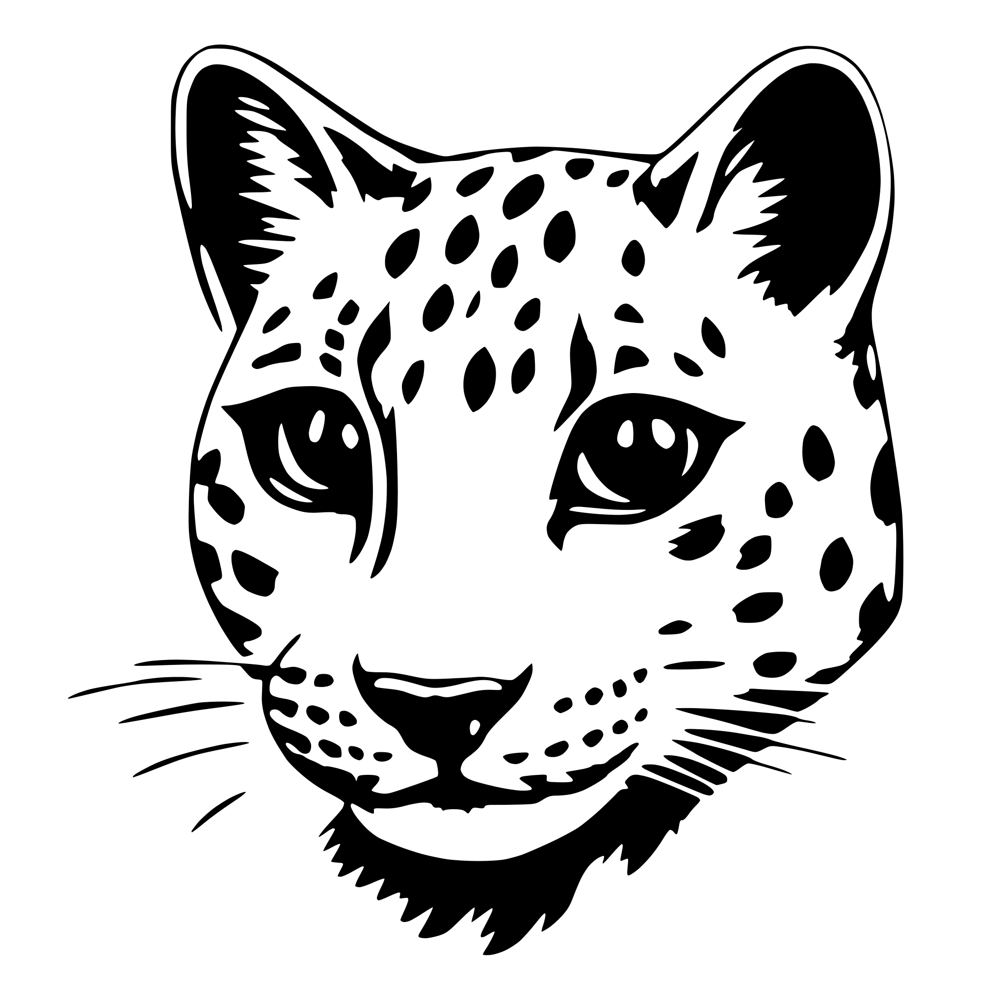 AI-generated SVG of a head of very cute leopard cat, very very extremely simplified, snoopy like drawing, looking straight ahead, Two vertical lines on forehead