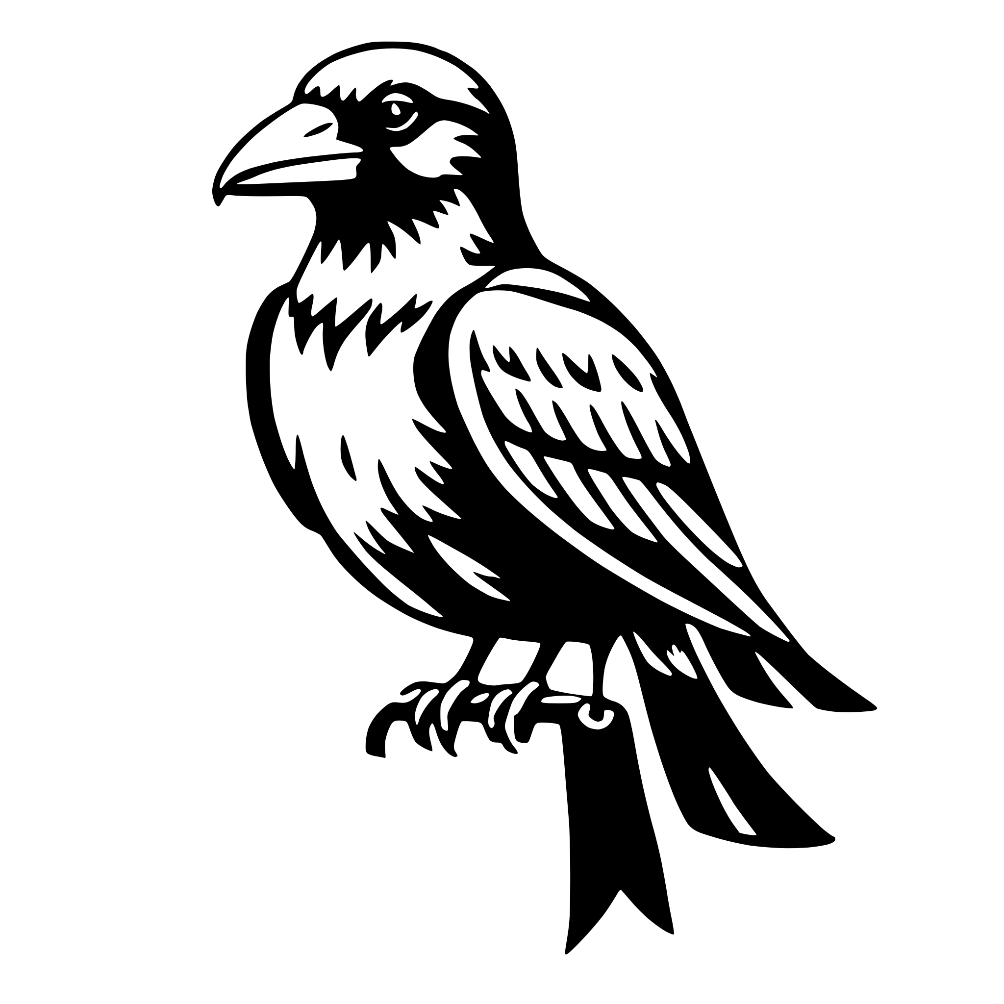 The SVG shows a stylized black and white illustration of a bird. The bird is depicted with a prominent beak, a round head, and a body with feathers. It has two wings, a tail, and two legs with claws. The bird is standing on one leg, which is raised off the ground. The illustration is simple and lacks intricate details, giving it a clean and modern appearance. 