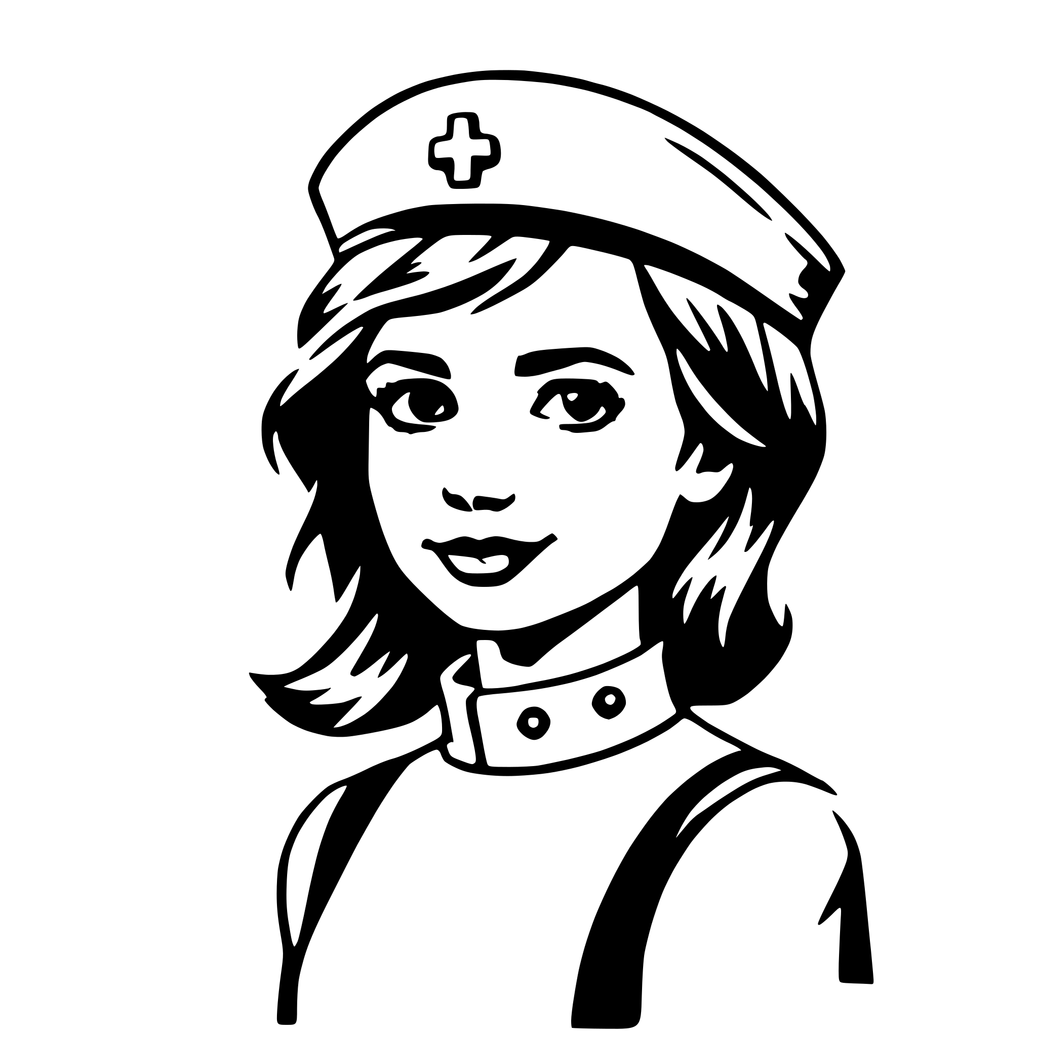 The SVG depicts a stylized illustration of a person. The individual is wearing a nurse's cap, which is a white hat with a red cross symbol on the front. The person has short hair and is wearing a white top with a collar, and there appears to be a badge or emblem on the left side of the chest. The person is smiling and looking directly at the viewer. The style of the illustration is simplistic and cartoon-like, with bold outlines and minimal shading. There is no interaction between objects; the focus is on the person depicted. 