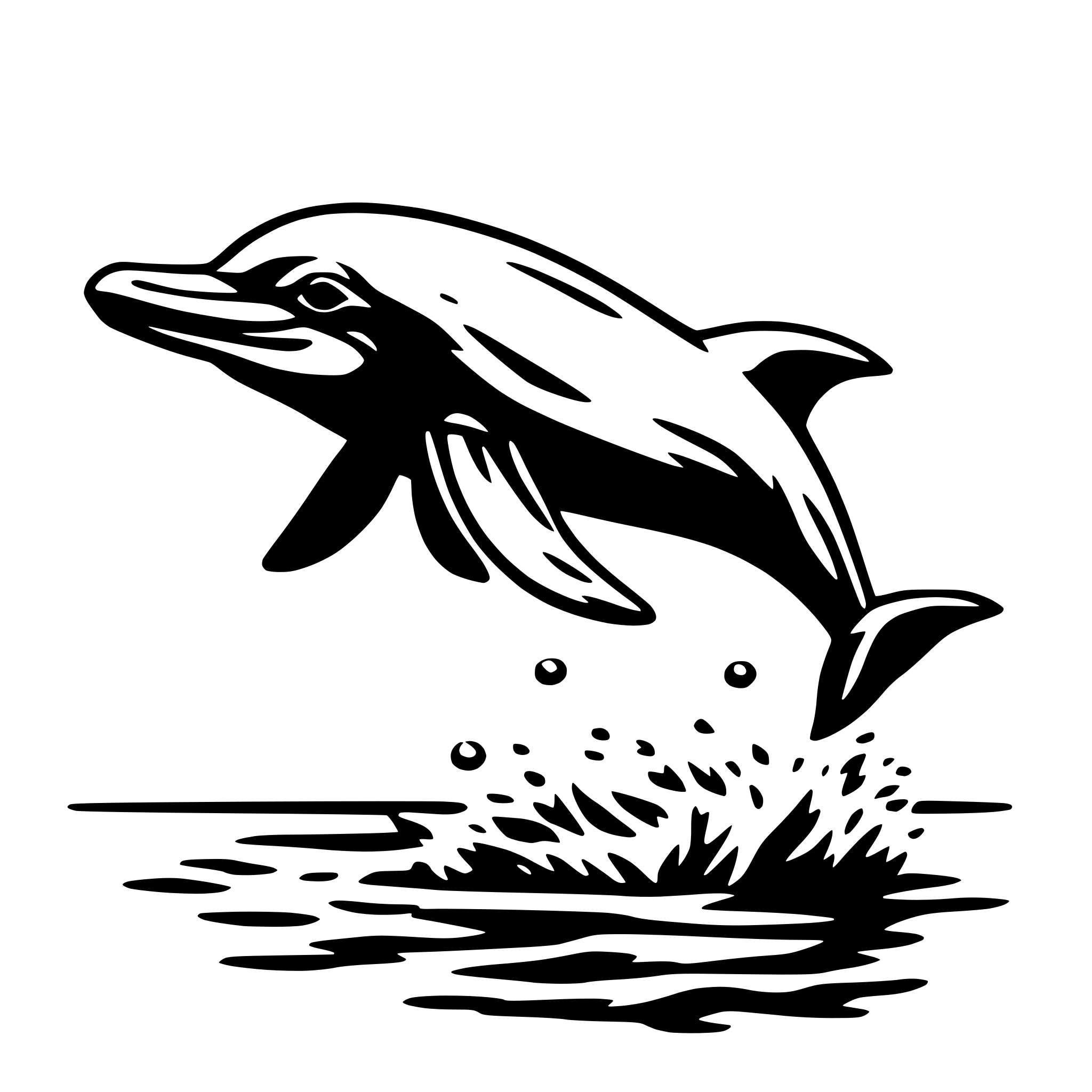 The SVG depicts a stylized black and white illustration of a dolphin leaping out of the water. The dolphin is shown in a dynamic pose, with its body arched and its tail fin extended, suggesting movement and energy. The water around the dolphin is depicted with splashes and ripples, indicating the force of the dolphin's jump. The background is plain white, which contrasts with the black outline of the dolphin and the water, making the subject stand out. The SVG does not contain any text or additional objects. The main focus is on the dolphin and its interaction with the water. 