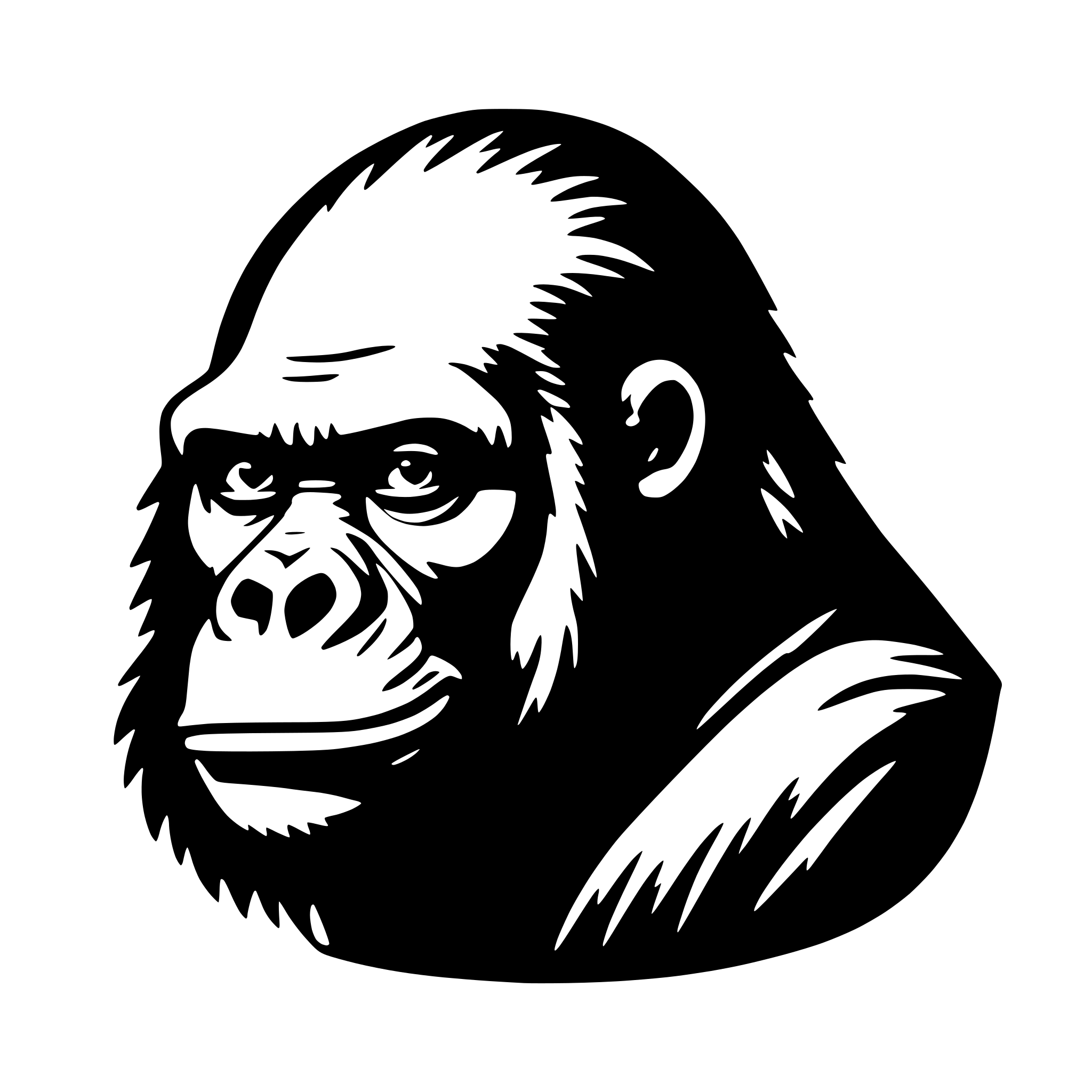 The SVG depicts a stylized, cartoon-like illustration of a chimpanzee's head. The chimpanzee has a prominent forehead, a large nose, and a wide mouth with visible teeth. The eyes are large and round, with a somewhat sad or contemplative expression. The ears are small and round, and the hair is depicted in a simplified manner, with tufts on the top of the head. The background is plain and does not interact with the chimpanzee. The SVG is a vector graphic, which means it is scalable and can be resized without losing quality. 