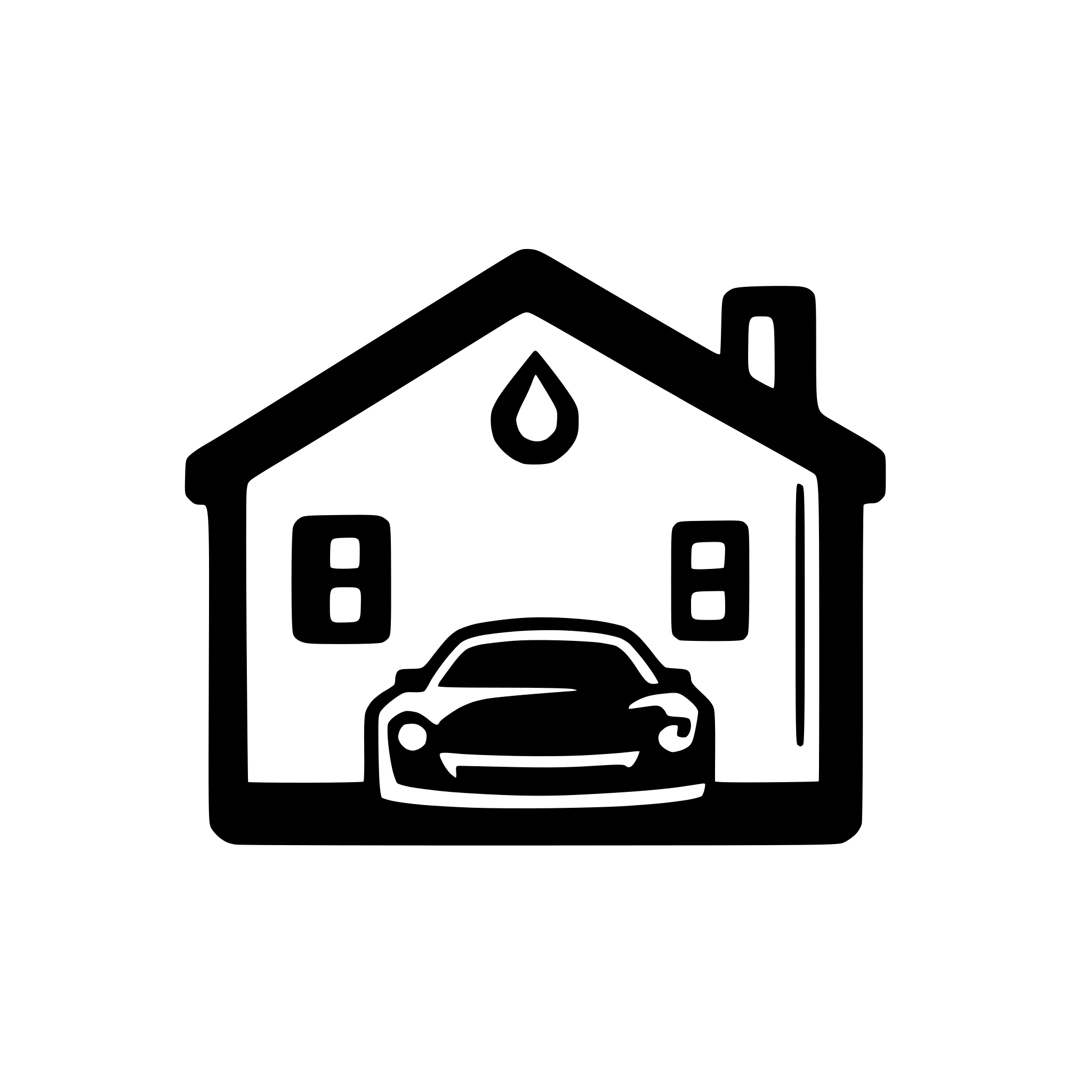 AI-generated SVG of a Create a flat, monochrome vector icon on a white background. • Outline a simple single‑story house with a pitched roof, open at the front like a carport. • Center a frontal view of a compact car inside the house outline, leaving small negative‑space cut‑outs for the headlights and grill. • Add a smooth, slightly curved driveway tail extending forward from the car’s front bumper. • Place a bold dollar‑sign glyph just outside the right wall of the house, aligned mid‑height with the car. • Use a si