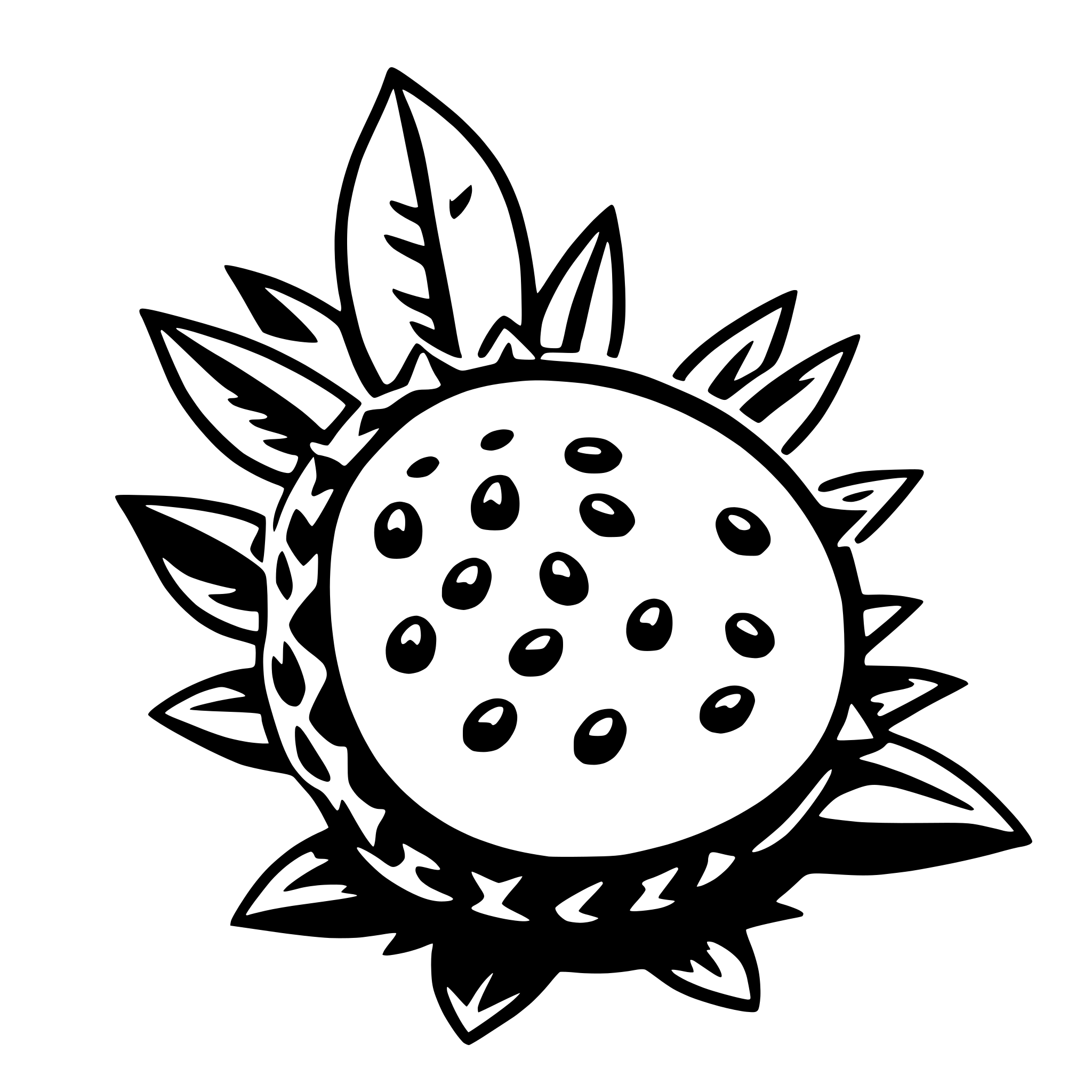 The SVG depicts a stylized, monochromatic illustration of a flower with a central, round, textured element that resembles a seed pod or a small fruit. The flower has a series of pointed, leaf-like shapes radiating outward from the center, creating a symmetrical pattern. The leaves are detailed with vein-like lines and have a slightly curved shape. The overall style is simple and graphic, with a clear outline and minimal shading. 