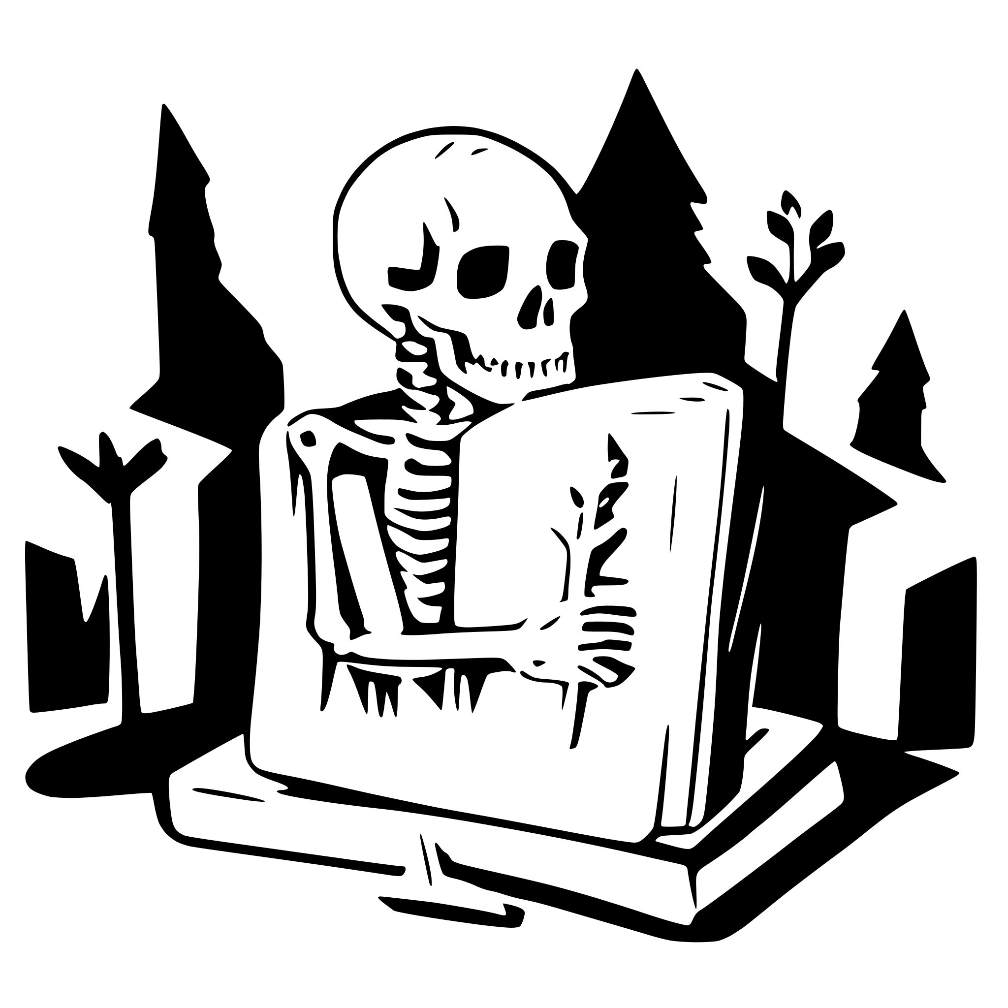 AI-generated SVG of a a skeleton on a cemetery reading a big book