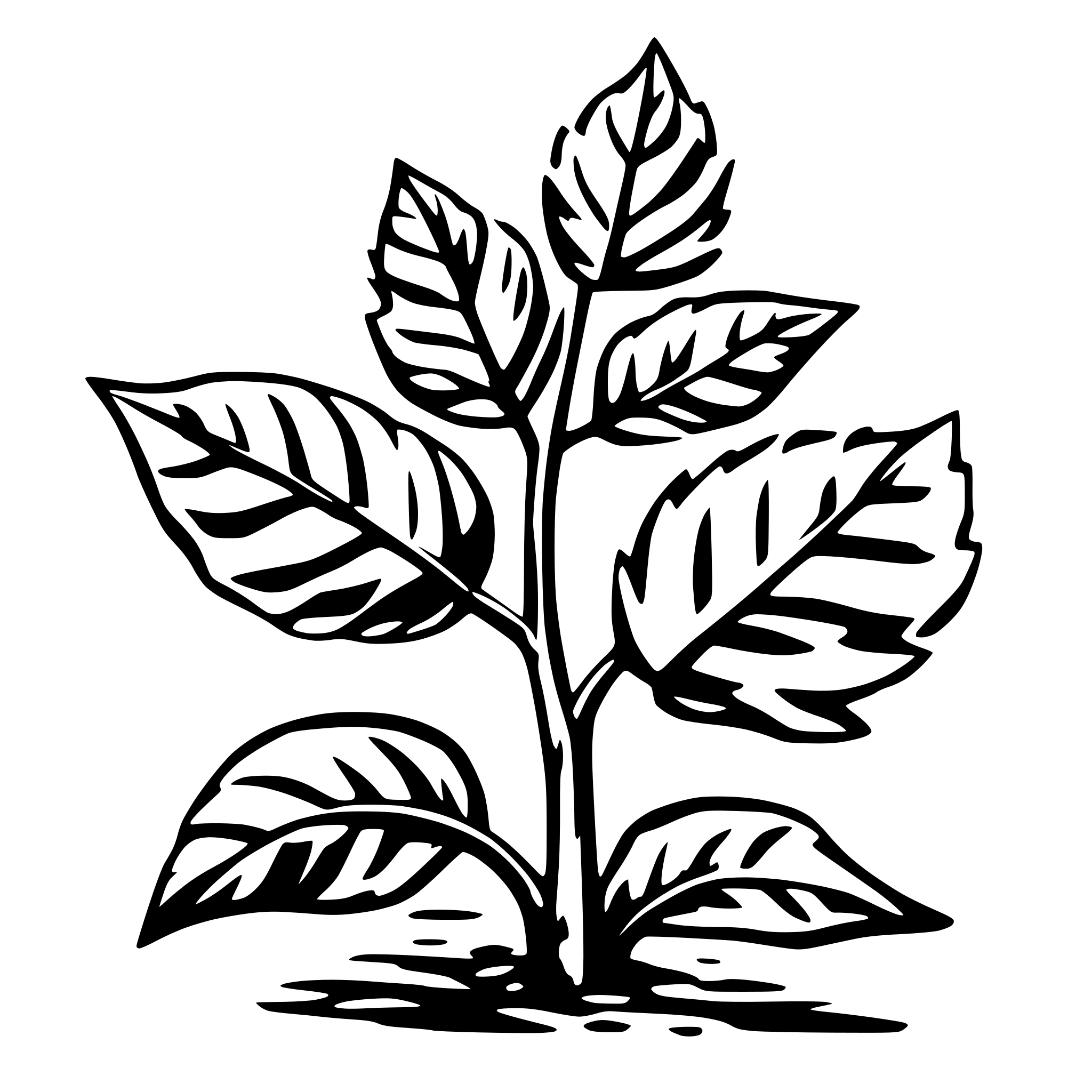 AI-generated SVG of a line drawing that looks like a stamp of a plant with leaves less black rougher edges