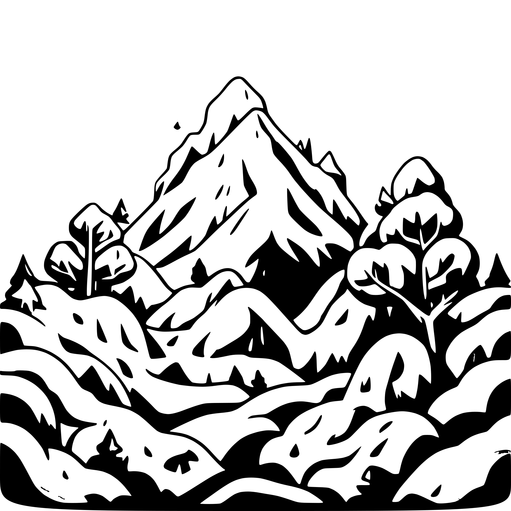 AI-generated SVG of a 3 mountains, trees, cartoony, clouds