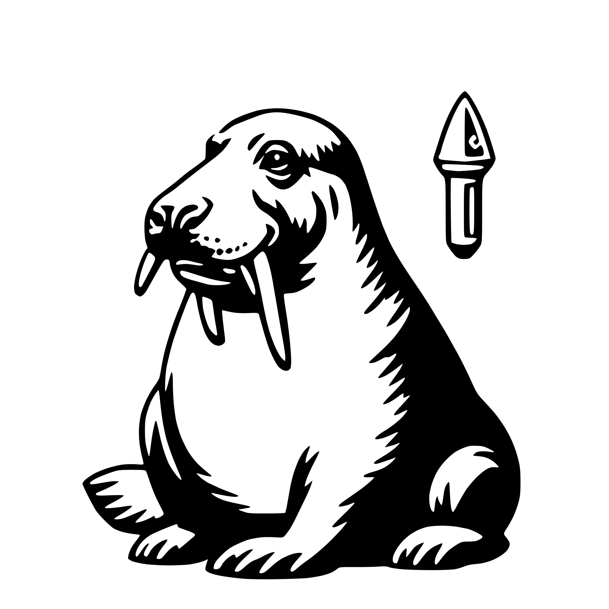 The SVG features a stylized depiction of a narwhal, a marine mammal known for its long tusk. The narwhal is shown in profile, sitting on its hind legs with its front legs extended forward. It has a large, rounded head with two small ears, and its eyes are closed. The narwhal's tusk is prominently displayed, curving upwards from its head. To the right of the narwhal, there is a small, simple representation of a harpoon, which is a tool often associated with hunting or fishing. The harpoon is depicted with a pointed tip and a line extending from it, suggesting a connection to the narwhal, possibly indicating the animal's role in hunting or the use of the harpoon for hunting purposes. The SVG is a vector graphic, which means it is scalable and can be resized without losing quality. 