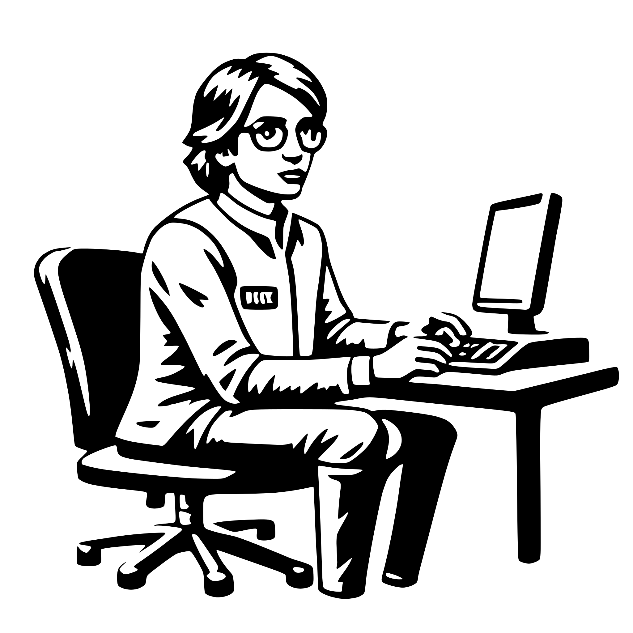 The SVG depicts a stylized, black and white illustration of a person sitting at a desk and using a computer. The person is wearing glasses, a collared shirt, and a badge, suggesting a professional setting. They are seated on a chair with wheels, and the desk has a computer monitor and a keyboard. The person appears to be focused on the screen, indicating that they are working or using the computer. The illustration is simple and uses minimal detail to convey the scene. 