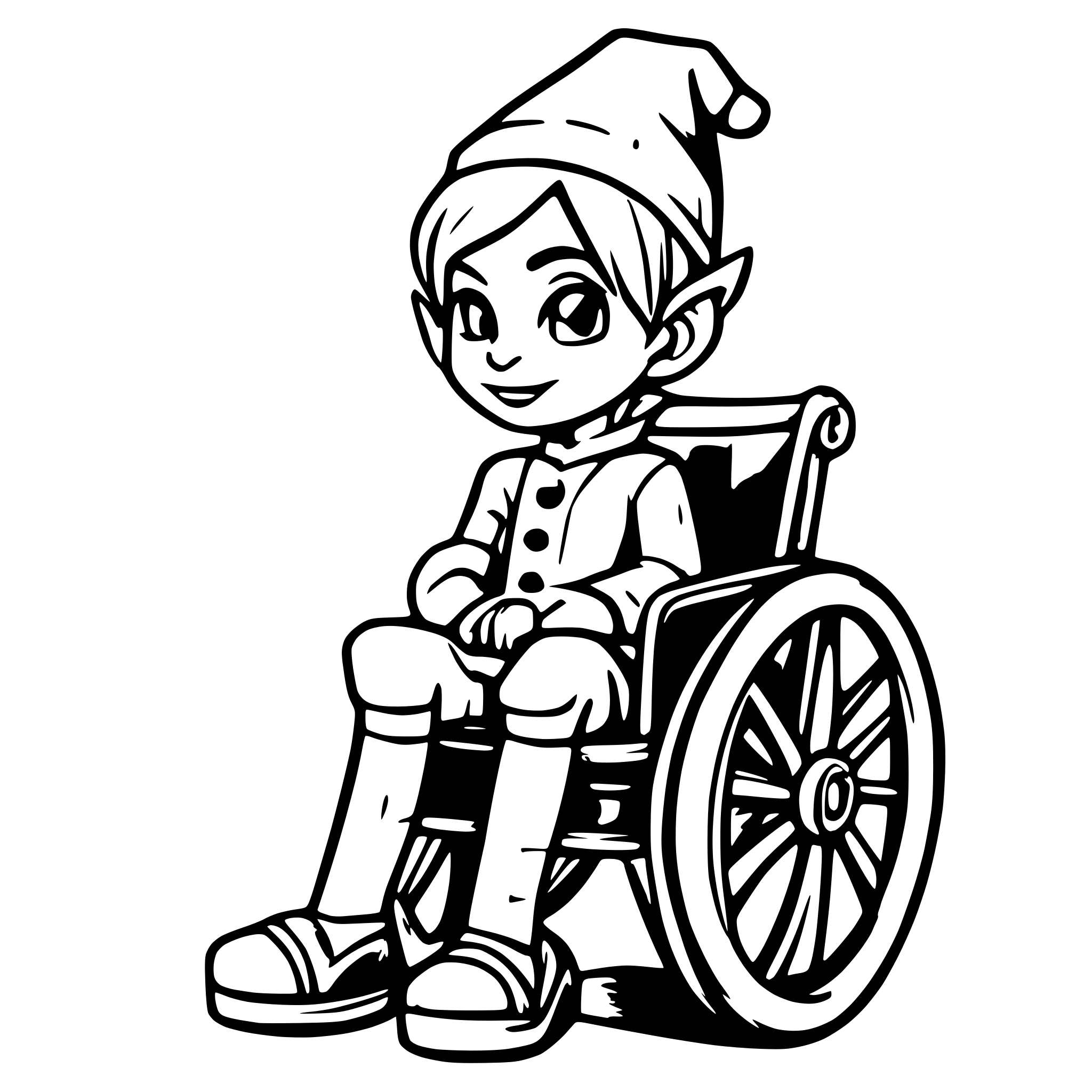 AI-generated SVG of a Boy dressed in elf costume sitting in a custom wheelchair nostalgic