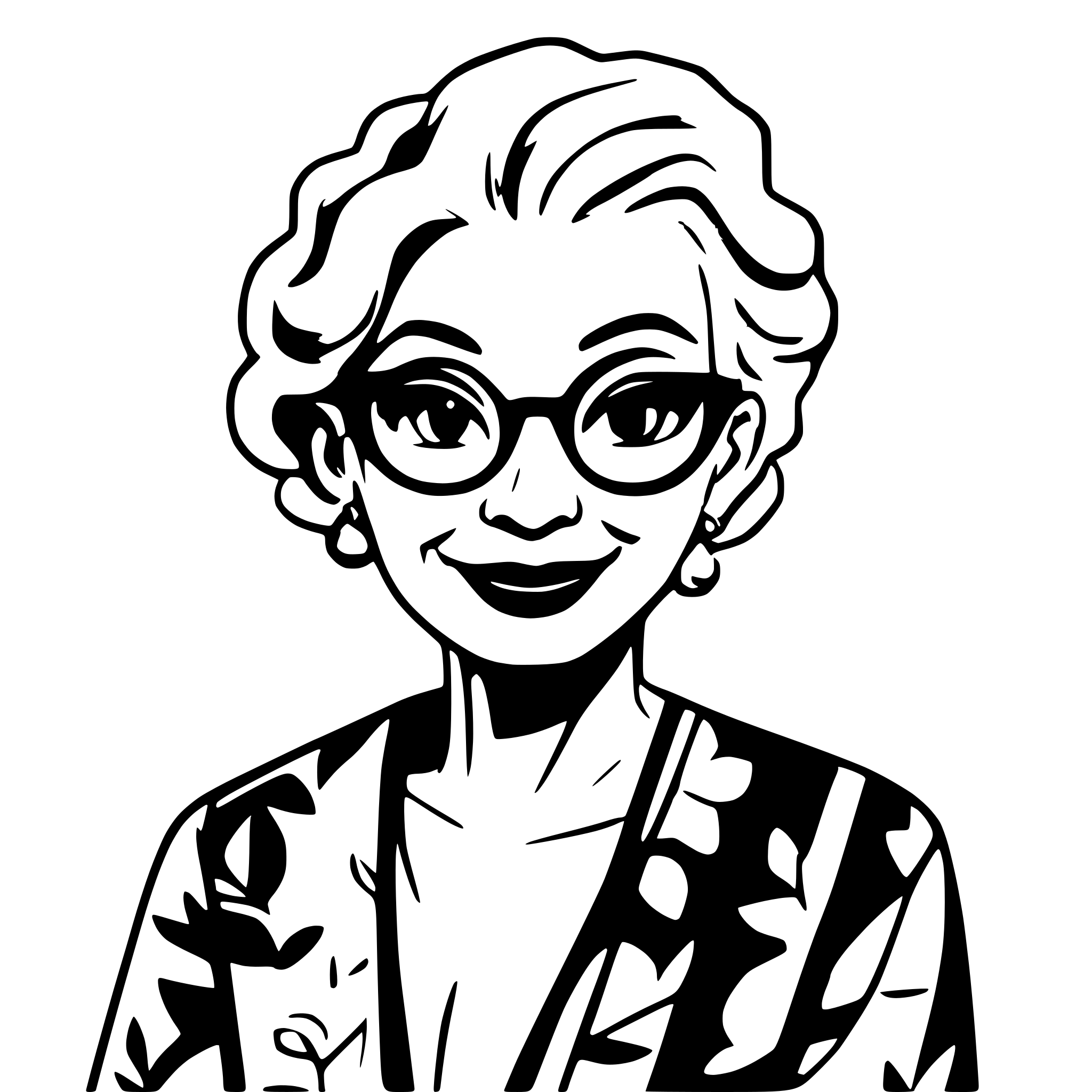 AI-generated SVG of a Clean cartoon-style digital illustration of an elderly woman in a floral dress, with glasses, earrings, and bracelet. Smooth refined lines, keeping original sketch details. White background, childlike yet polished style.
