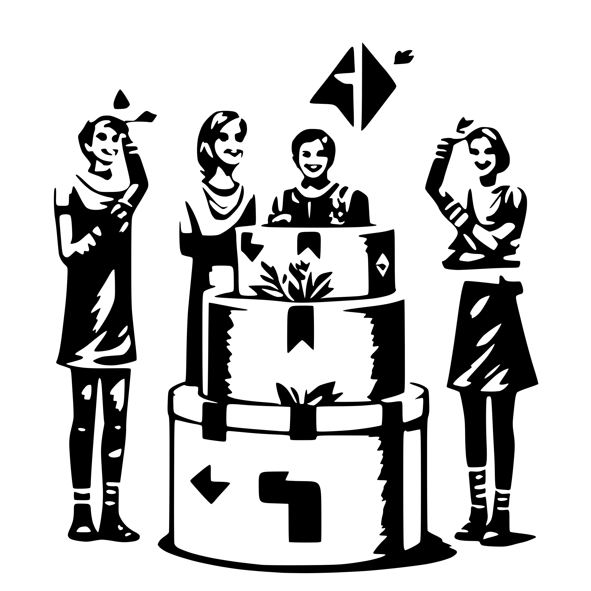 AI-generated SVG of '5 people connected with arrows, each arrow has a gift box on it, all people are happy'