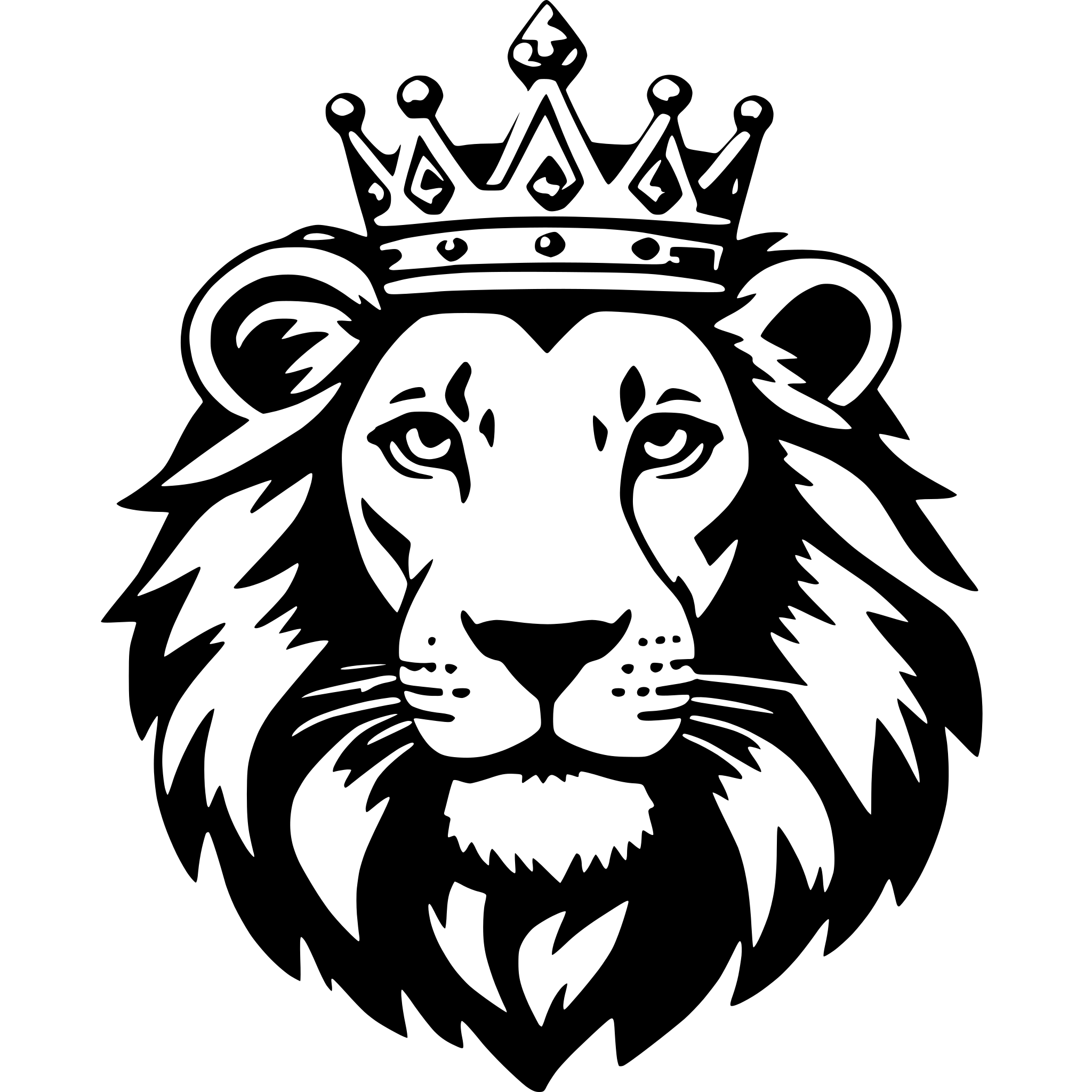 The SVG features a stylized graphic of a lion's head. The lion is depicted with a regal appearance, wearing a crown on its head, which is a common symbol of royalty or power. The lion's mane is detailed and appears to be in motion, giving a sense of dynamism. The facial features of the lion are clearly visible, with a prominent nose and a stern expression. The graphic is monochromatic, using black and white, which emphasizes the lines and shapes of the design. The SVG does not contain any text or additional objects, and the lion is the central focus of the composition. 