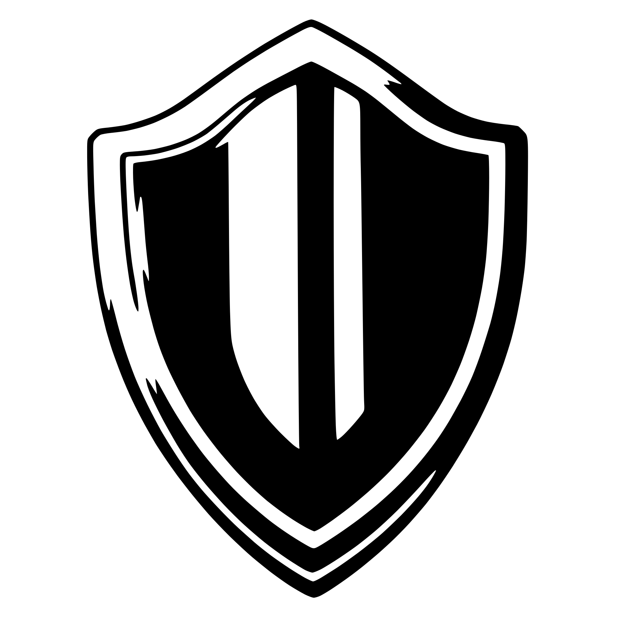 The SVG displays a stylized shield graphic. The shield is outlined in black and filled with a solid black color. It features a central vertical line that divides the shield into two symmetrical halves. The shield has a pointed top and a straight bottom, giving it a classic, heraldic appearance. The design is simple and does not depict any additional elements or actions. 