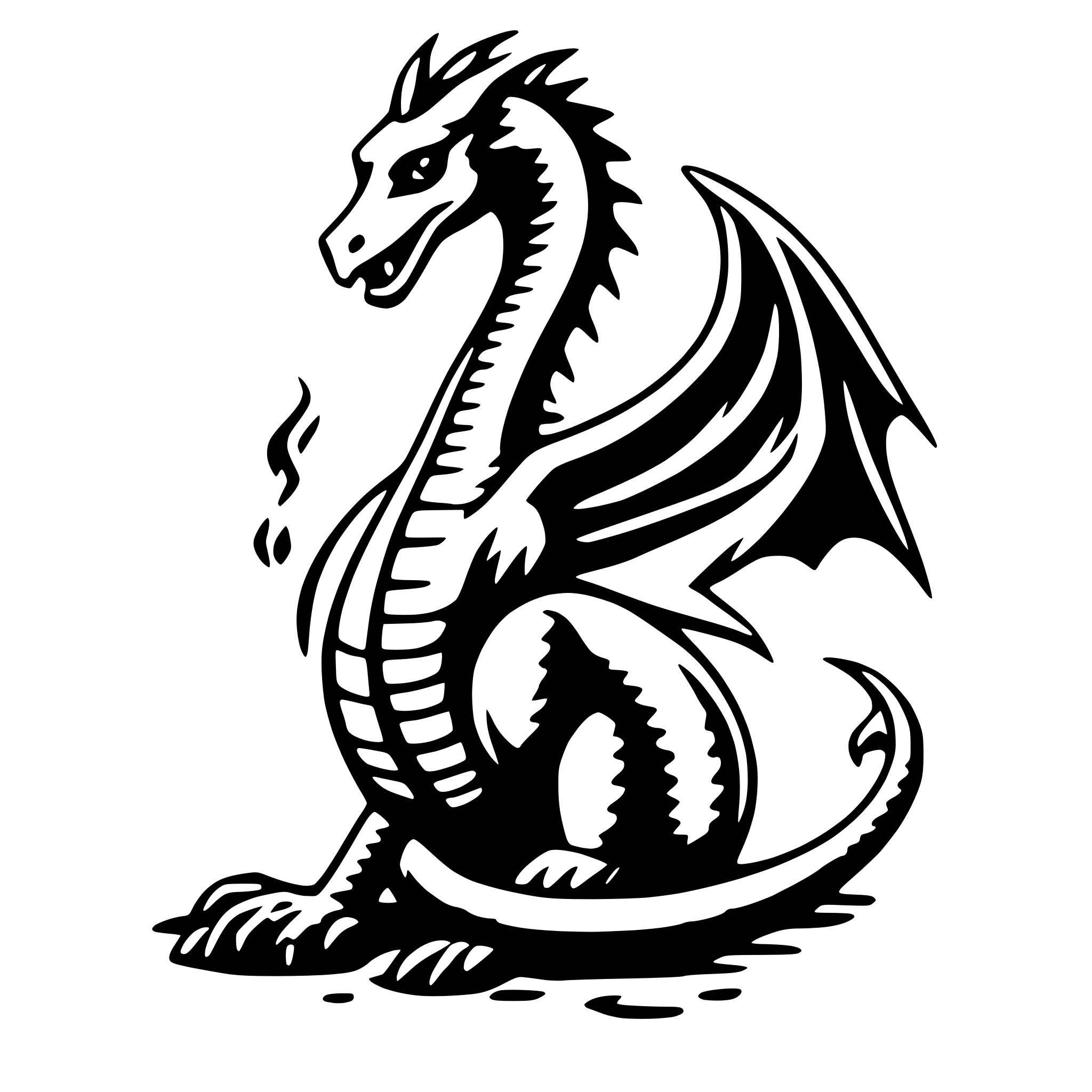 The SVG depicts a stylized dragon. The dragon is coiled with its body forming a loop, and its head is turned to the side, showing a profile view. It has a long neck, a prominent ridge along its back, and a tail that curves around its body. The dragon's wings are spread out, and its claws are visible on its feet. The dragon's eyes are depicted as small, round shapes, and it appears to be breathing out a small puff of smoke or fire. The dragon is set against a plain background. 
