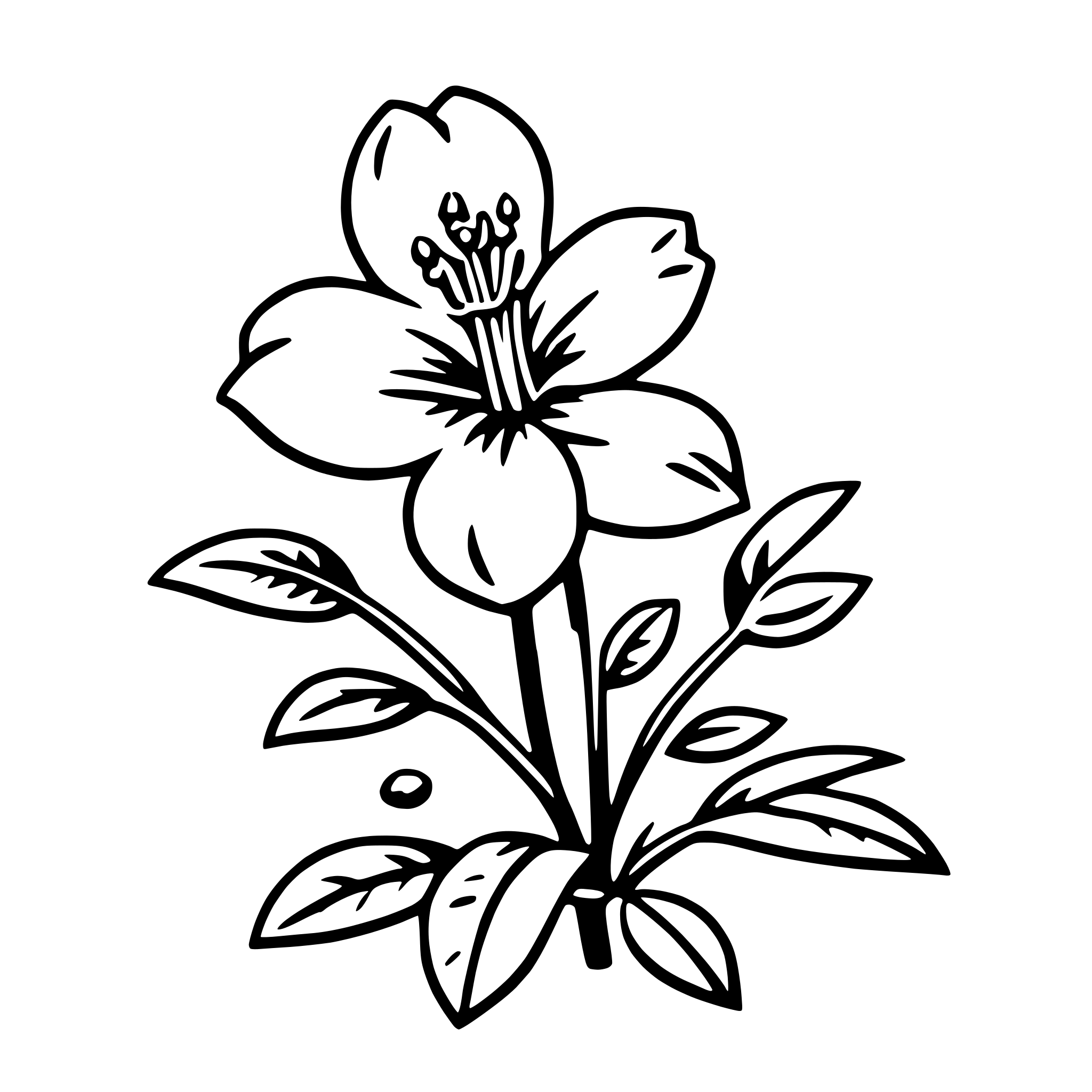 The SVG depicts a stylized black and white illustration of a flower with a stem and leaves. The flower has a central bulbous shape with a series of petals that radiate outward. The stem is thin and elongated, with a few leaves attached to it. The leaves are oval-shaped with a serrated edge, and there are small dots that could represent seeds or buds. The overall style is simple and graphic, with clean lines and a lack of shading or texture. 