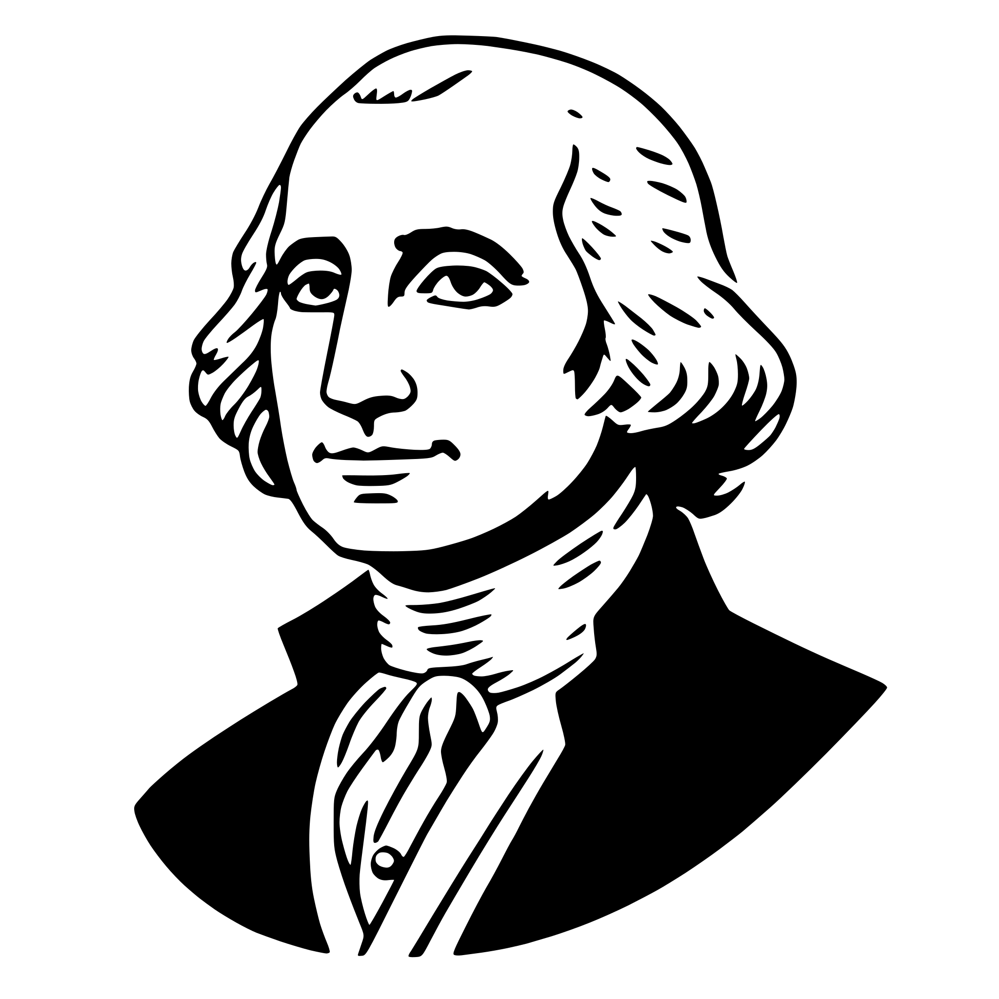 The SVG is a black and white vector illustration of a portrait of a man. The man is depicted with a serious expression, wearing a dark coat with a white shirt and a dark tie. His hair is styled in a manner consistent with historical fashion, and he has a prominent nose and a well-defined chin. The portrait is framed by a simple outline that suggests a formal or official appearance. The SVG does not contain any text or additional objects, and the man is the central figure. The style of the illustration is reminiscent of classic portraiture, with a focus on the subject's facial features and attire. 