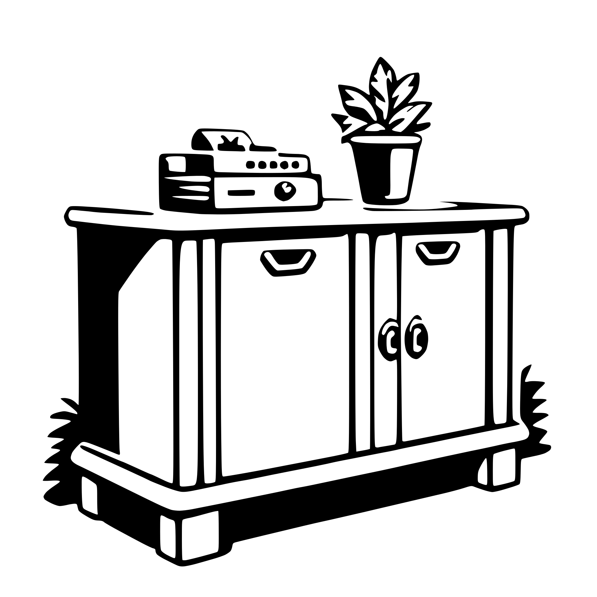 The SVG depicts a simple, stylized illustration of a piece of furniture, which appears to be a small table or cabinet, with a few objects on top. The table has a flat surface and is supported by two legs. On the table, there is a small potted plant with green leaves, a box that resembles a radio or stereo system, and a small, rectangular object that could be a box or a container. The background is plain and does not provide any additional context or details. The objects are arranged in a way that suggests a casual, home-like setting. 
