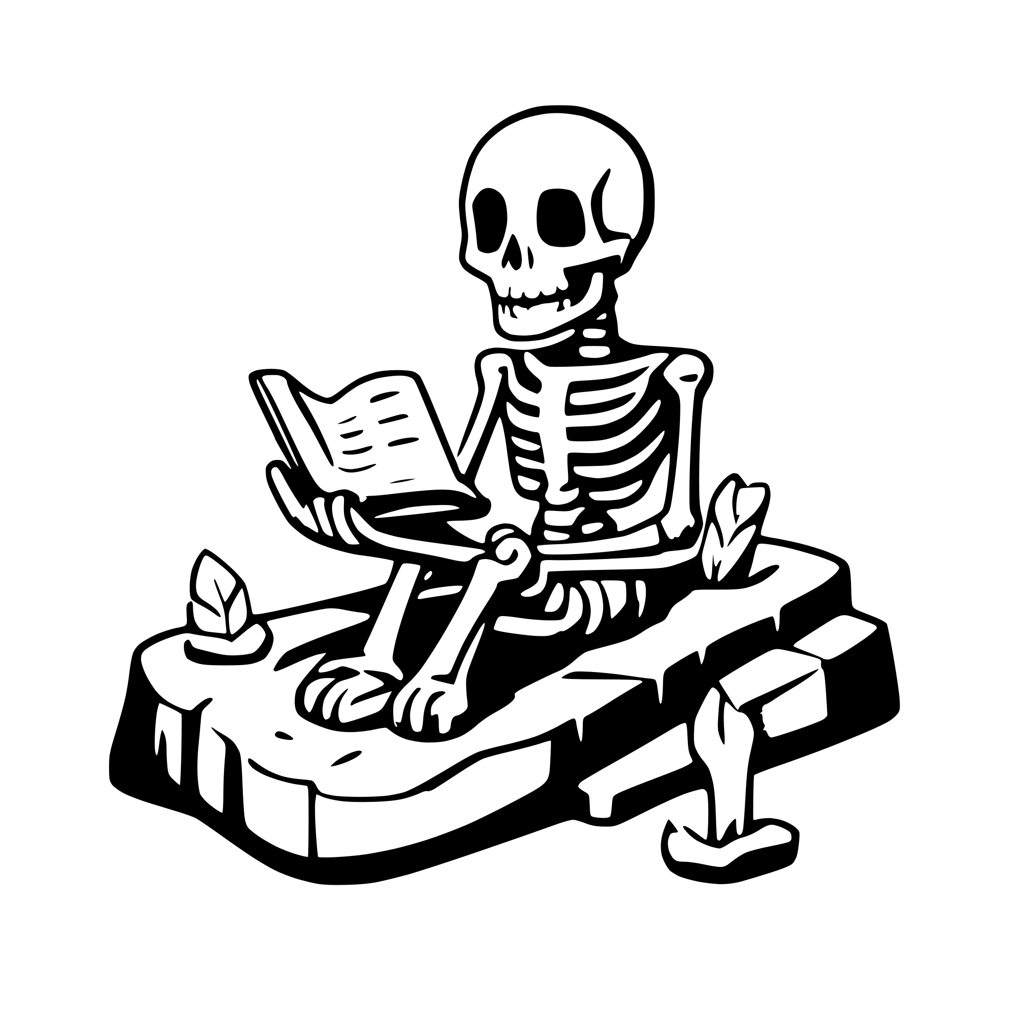 AI-generated SVG of a a skeleton sitting on a grave an reading