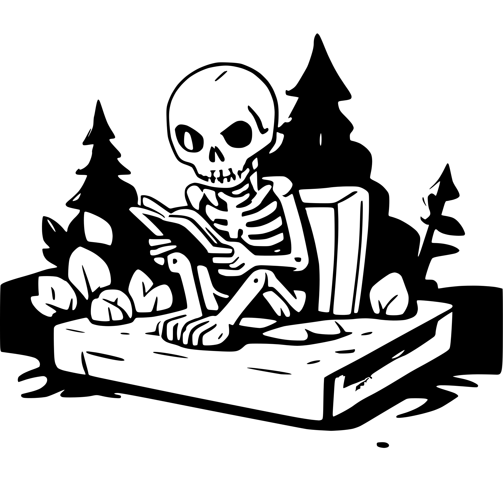 AI-generated SVG of a a skeleton sitting on a grave an reading