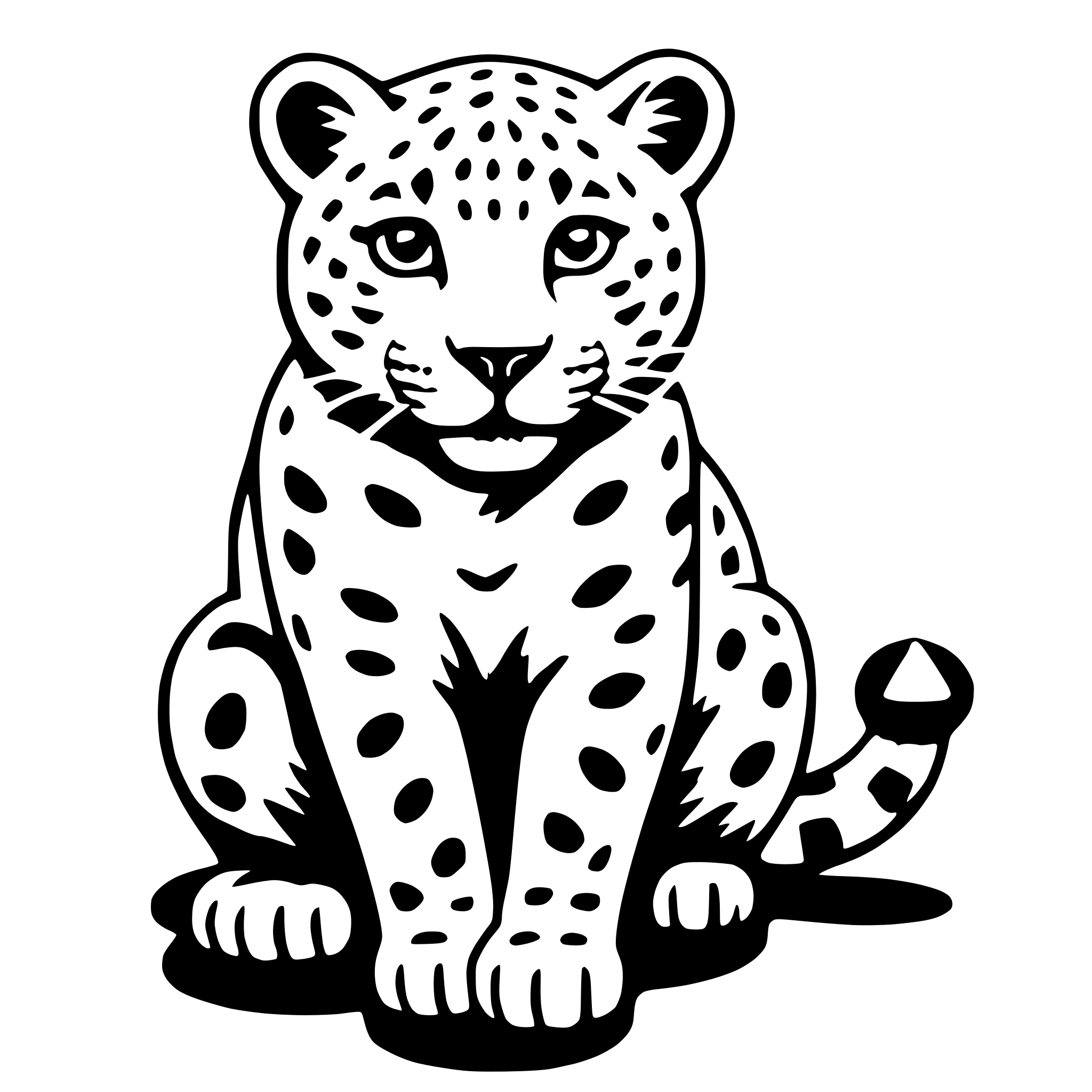 The SVG depicts a stylized, cartoon-like depiction of a leopard. The leopard is sitting upright with its front paws resting on its chest and its hind legs tucked under its body. It has a round head with large, expressive eyes, and its ears are pointed upwards. The leopard's fur is patterned with dark spots on a lighter background, and it has a short tail with a tuft at the end. The leopard is facing the viewer directly, and its posture suggests a relaxed or attentive stance. The SVG is simple and does not contain any additional objects or interactions. 