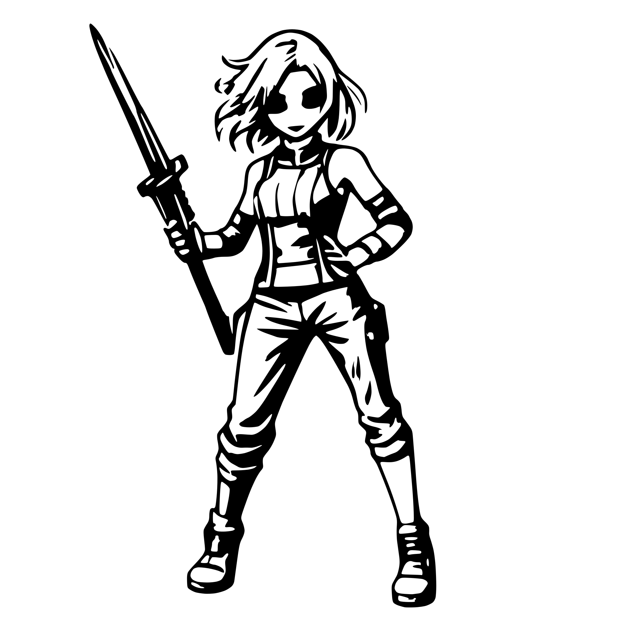 AI-generated SVG of a woman in a futuristic grey jumpsuit running with a futuristic weapon