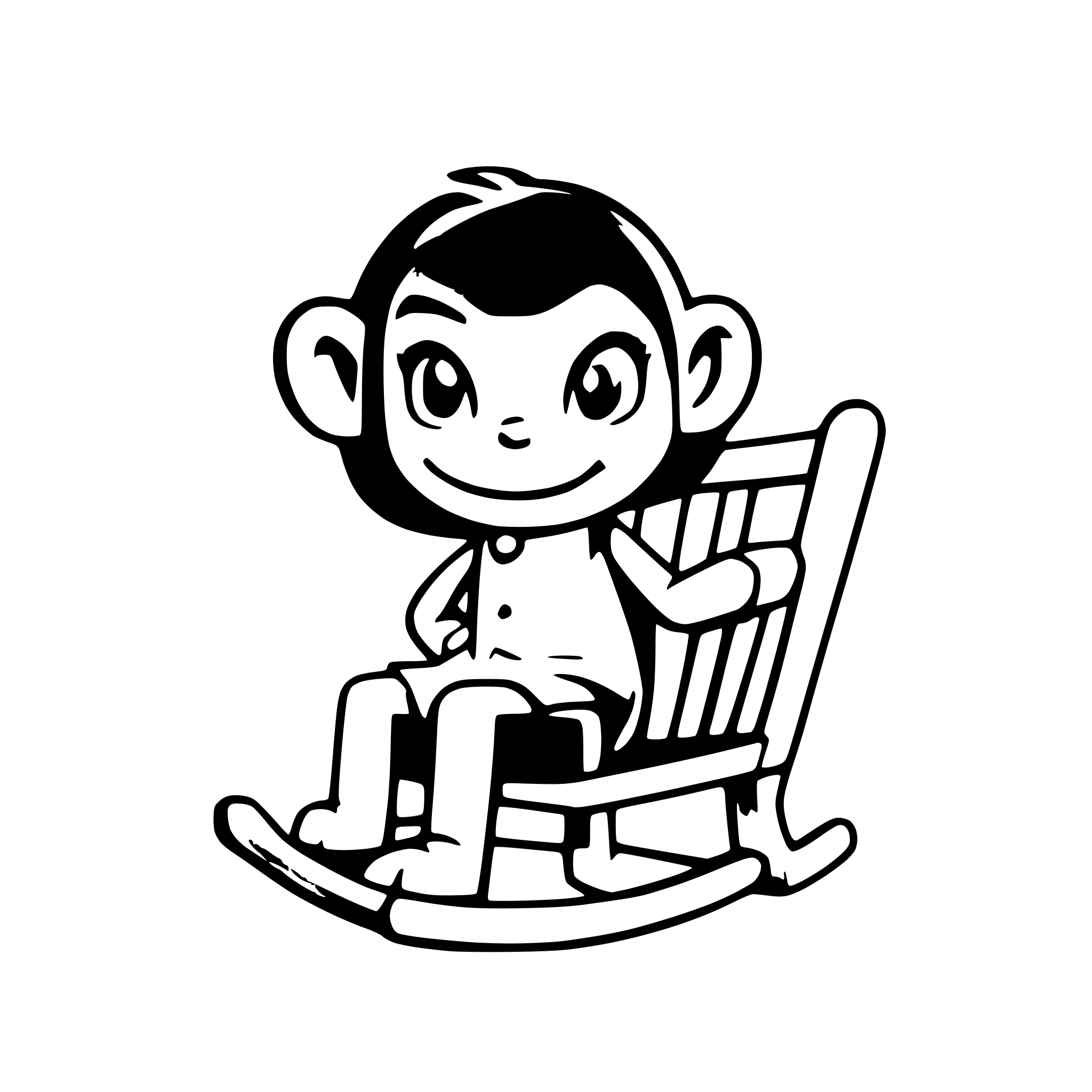 AI-generated SVG of a make a black and white picture of a cute female cartoon monkey in a rocking chair
