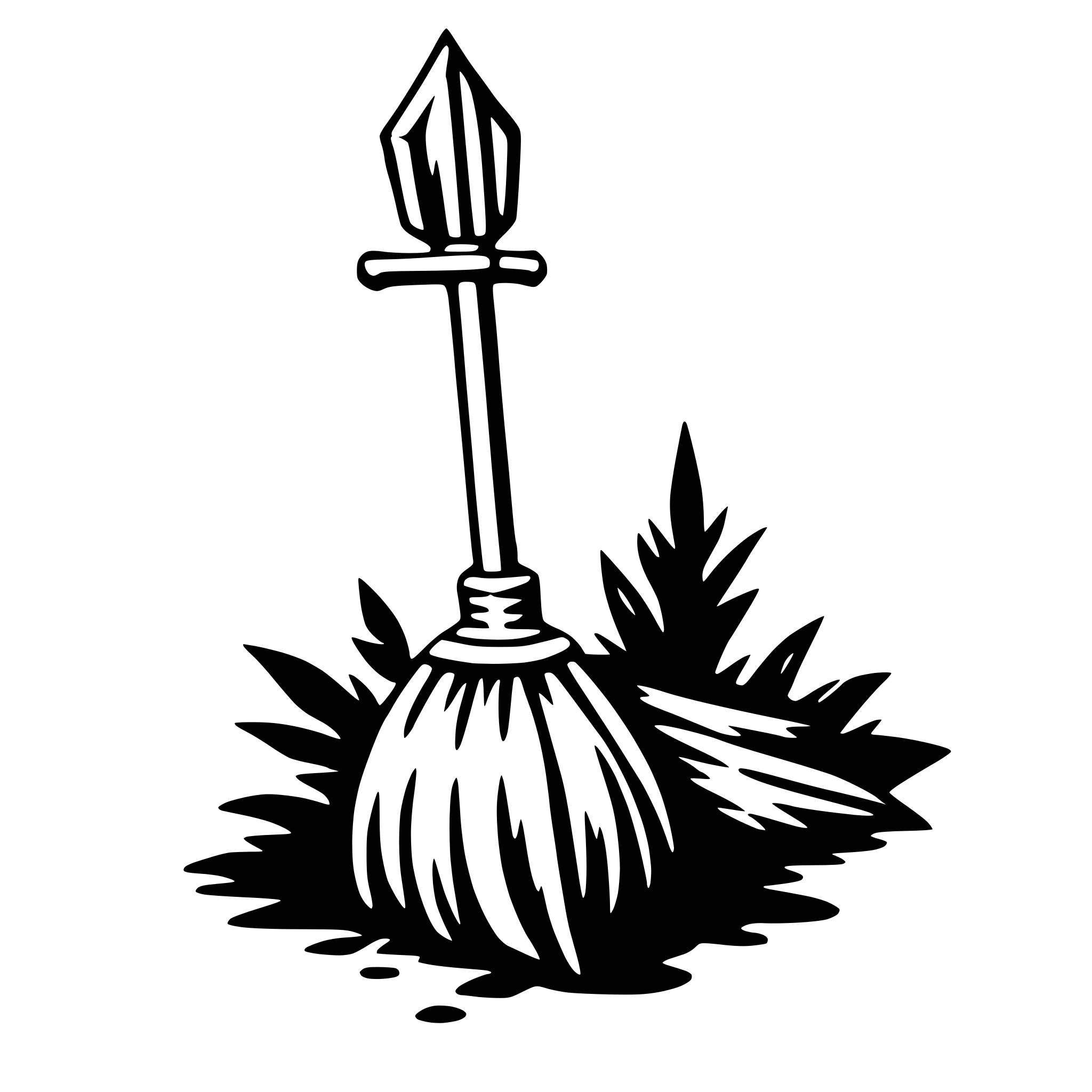 The SVG shows a stylized graphic of a broom and a dustpan. The broom has a long handle and a bristled head, while the dustpan has a flat bottom and a curved rim. The broom is positioned upright, with the bristles pointing upwards, and the dustpan is shown with a shadow beneath it, suggesting it is resting on the ground. The graphic is simple and uses solid lines and shapes to convey the objects. 