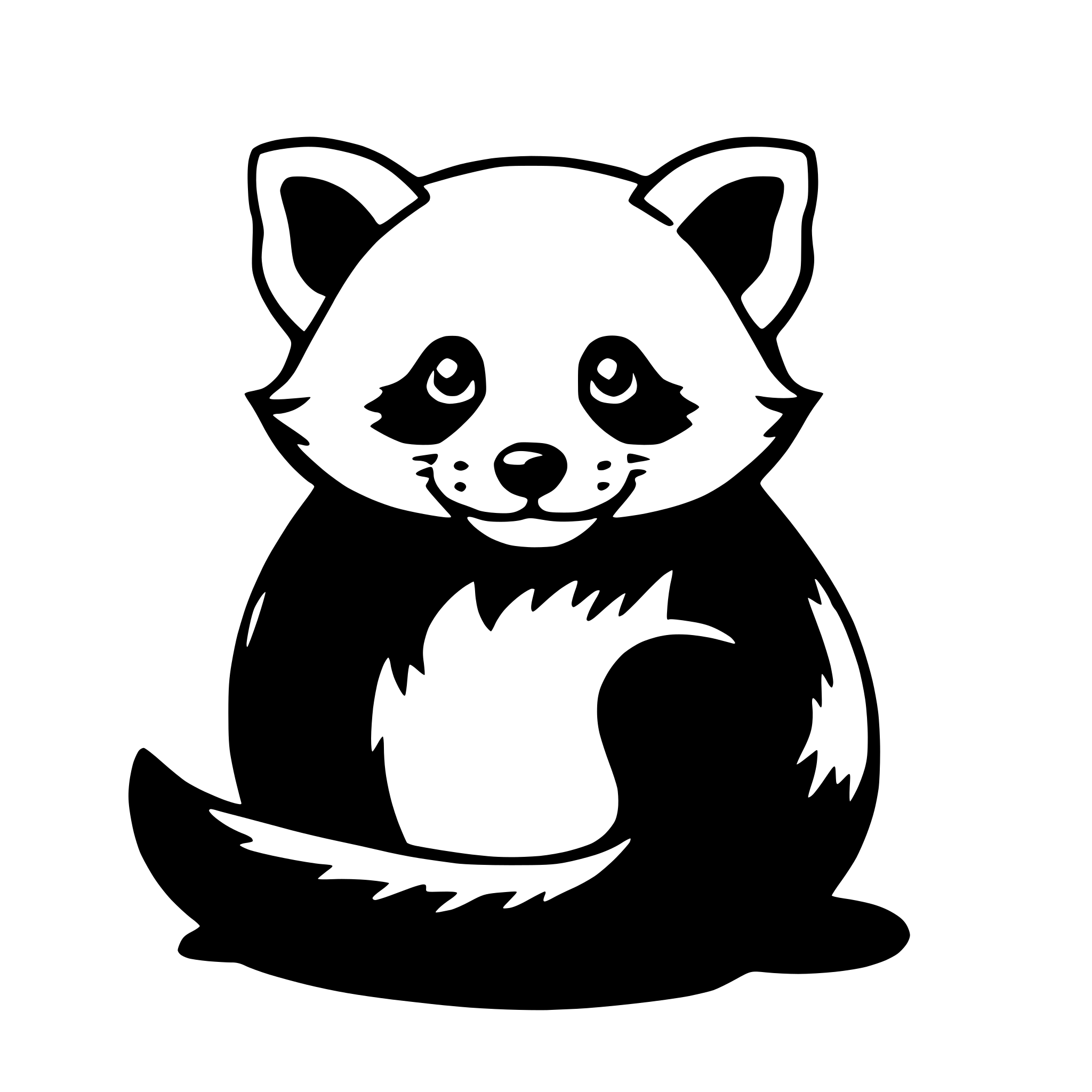 The SVG depicts a stylized black and white illustration of a raccoon. The raccoon is sitting upright with its tail curled around its body. It has a round head with two pointed ears, and its eyes are closed, giving it a content or sleepy expression. The raccoon's body is round, and it has a long, bushy tail that is curled around its body. The SVG is simple and cartoonish, with no additional objects or interactions depicted. 