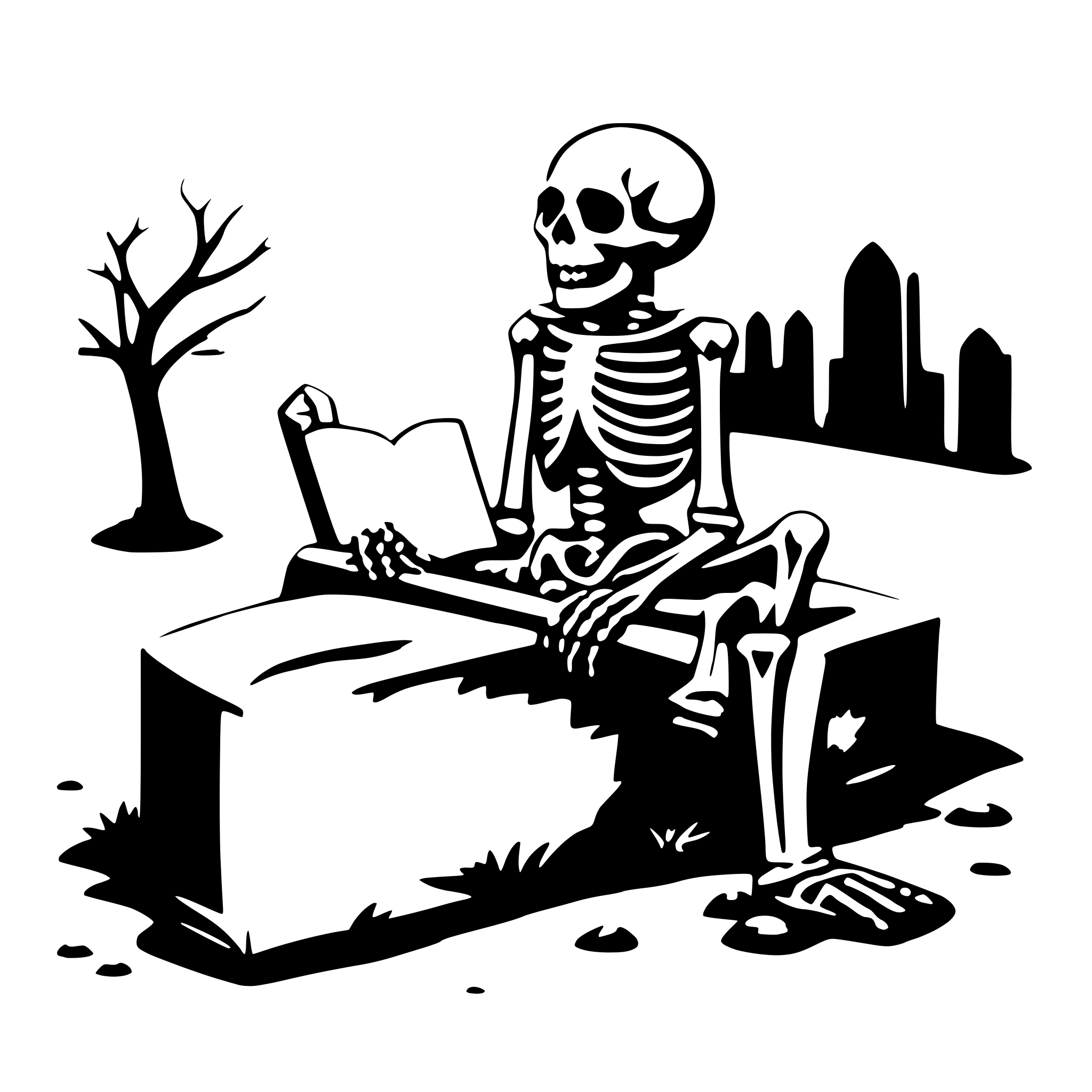 AI-generated SVG of a a skeleton reading on a grave