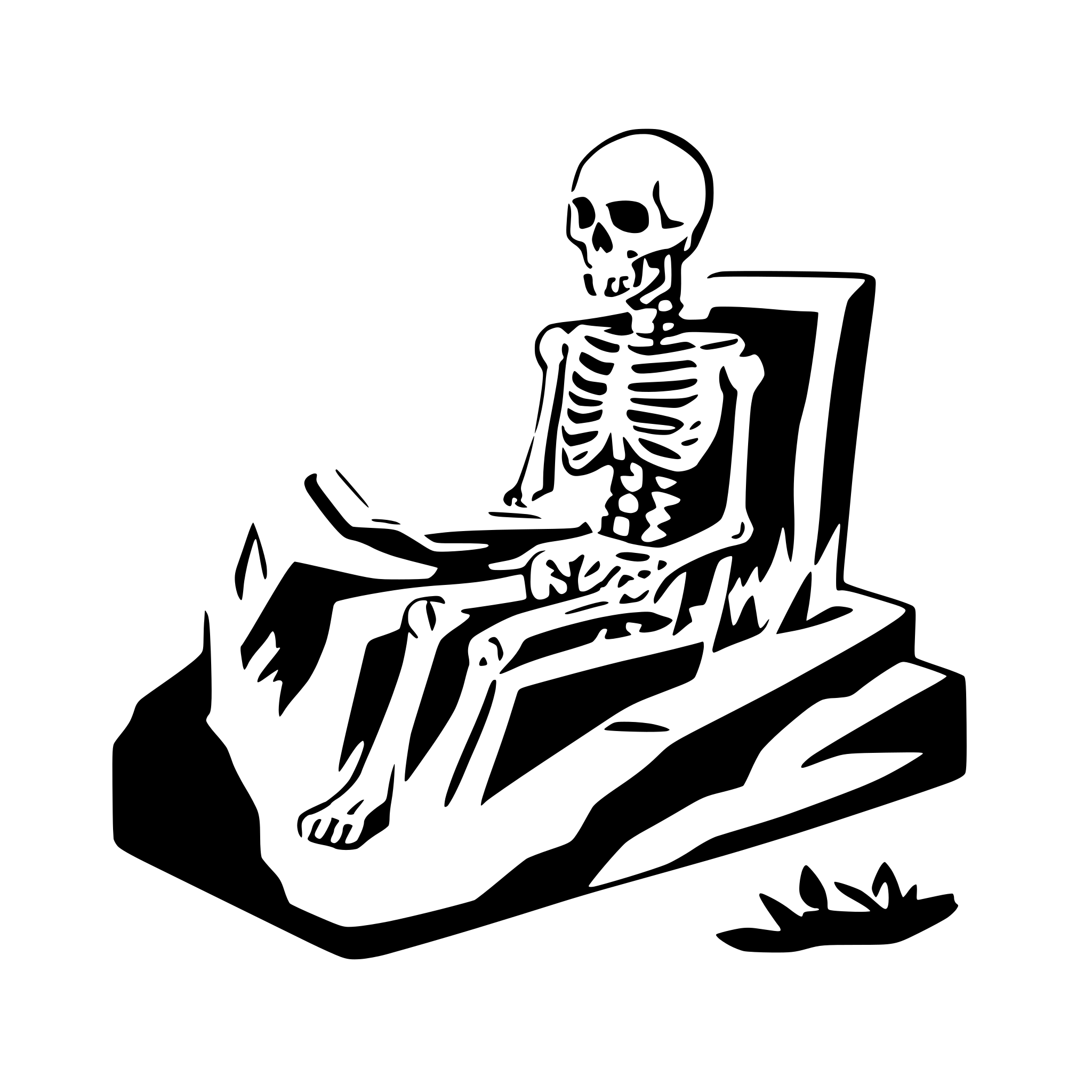 AI-generated SVG of a a skeleton sitting on a grave an reading