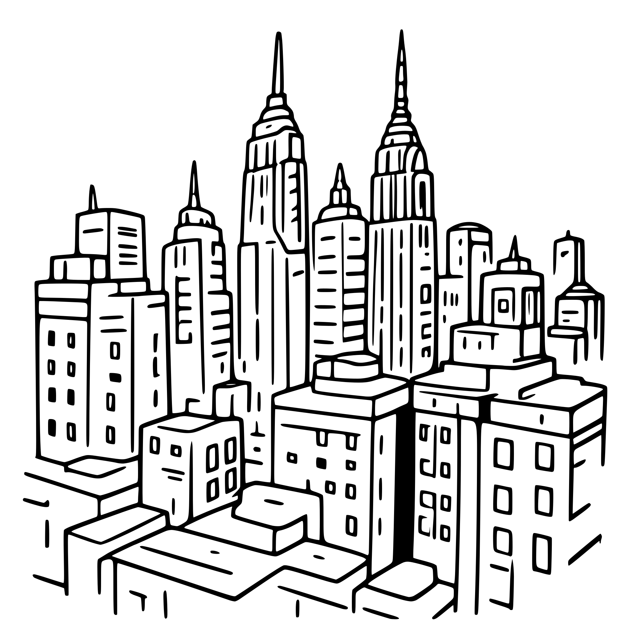 AI-generated SVG of a “Minimal‑line, monochrome night illustration of the New York City skyline. Two iconic towers dominate: the Empire State Building on the left and the Chrysler Building on the right, each rendered in thin, precise outlines and dark‑gray shading. Around them, mid‑rise rectangular buildings fill the lower half of the frame, their window grids drawn in the same subdued gray. The sky is nearly black with a very subtle vertical gradient, containing only a few tiny plus‑shaped stars and faint cloud silh