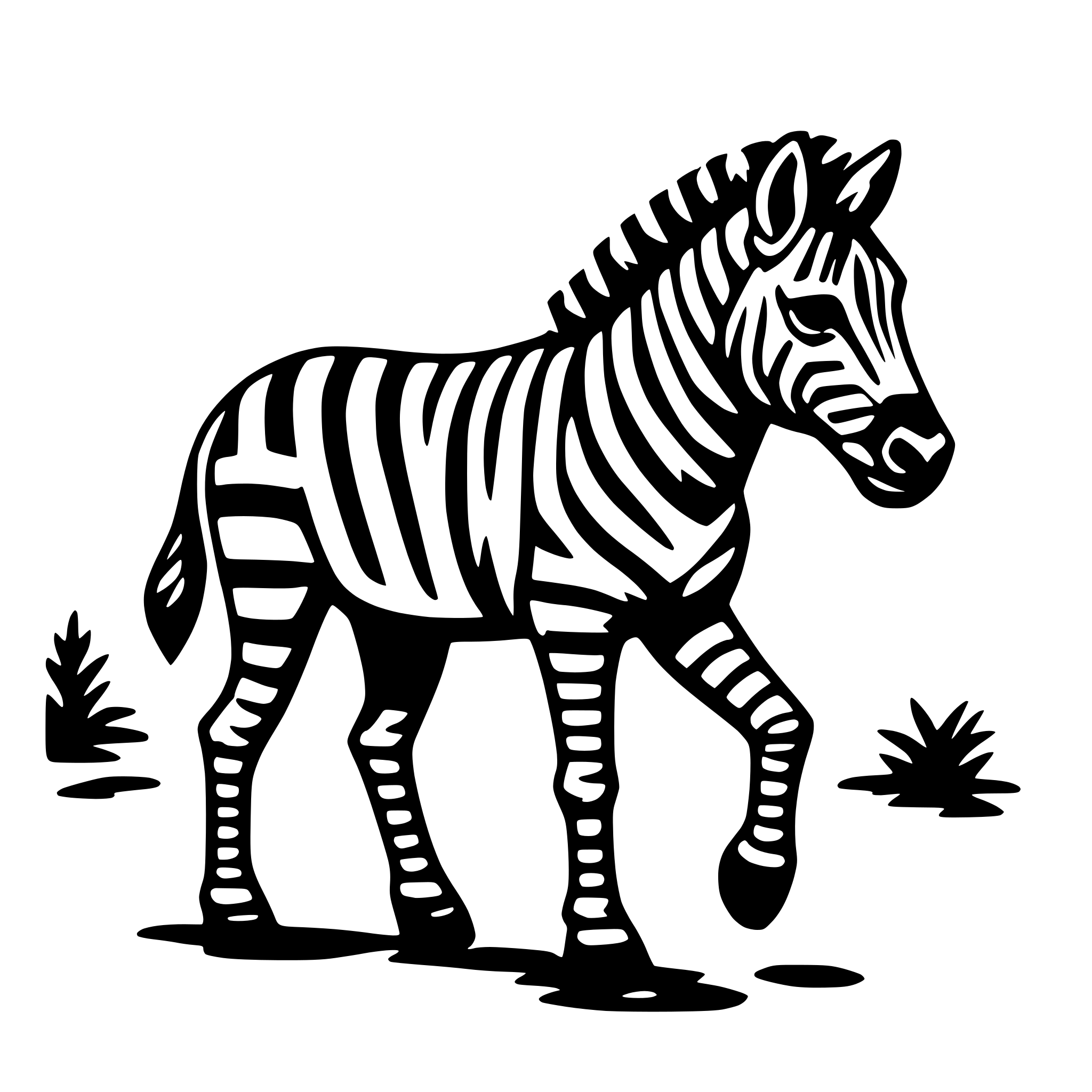 The SVG depicts a stylized black and white zebra standing on a flat surface. The zebra is facing to the right, with its head turned slightly towards the viewer. It has a mane running along its neck and a tail with a tuft of hair at the end. The zebra's legs are striped, and it appears to be standing still. In the background, there are two small, simple representations of plants or shrubs, one on each side of the zebra. The style of the SVG is minimalistic and cartoonish, with bold outlines and a lack of shading or detail that would suggest depth or texture. 