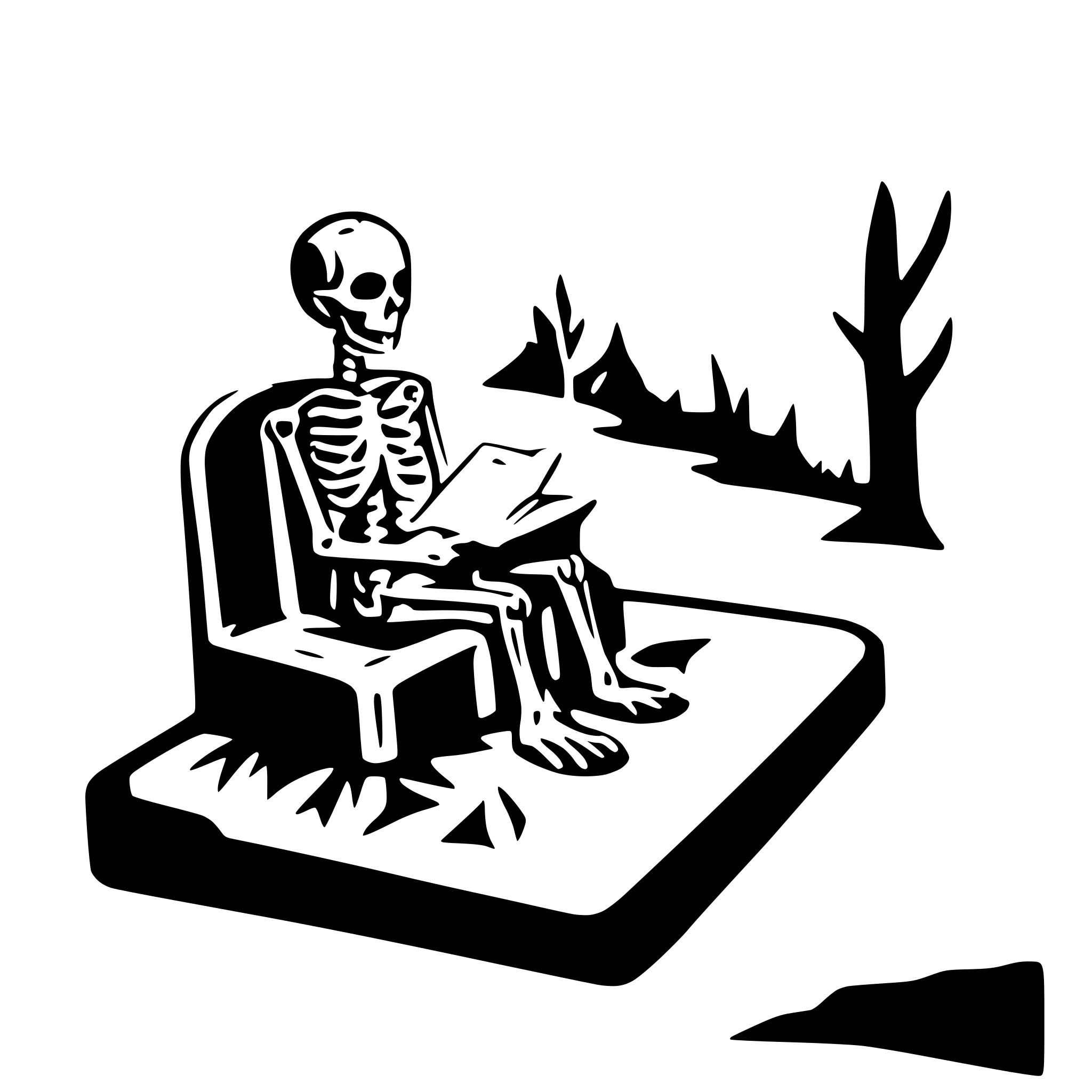 AI-generated SVG of 'a skeleton sitting on a grave an reading'