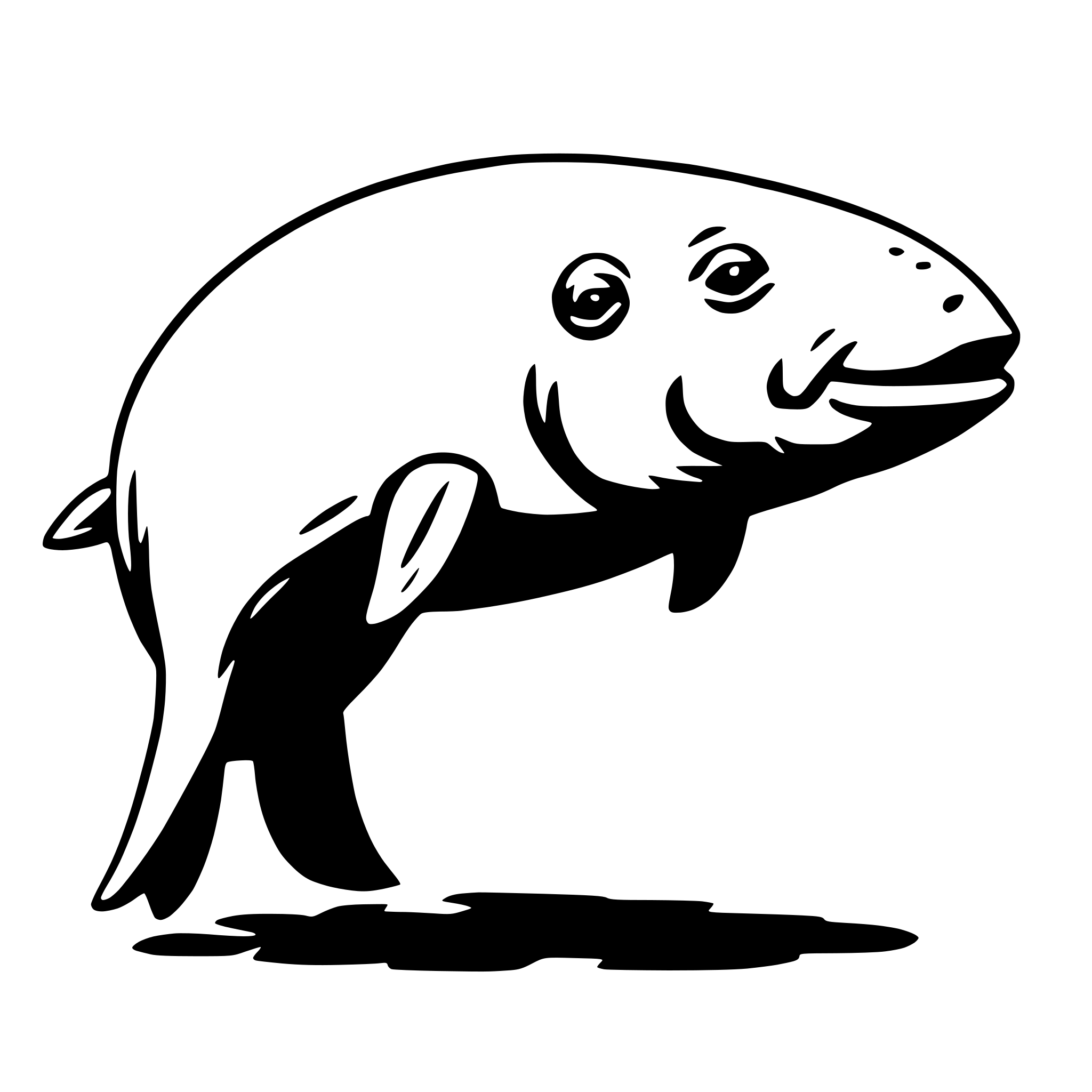 The SVG depicts a stylized, cartoon-like depiction of a shark. The shark is shown in profile, with its body curved and its tail fin extended. It has two eyes, a mouth, and gills on its back. The shark appears to be swimming, as indicated by the position of its tail fin. The SVG is simple and does not contain any additional objects or interactions. 
