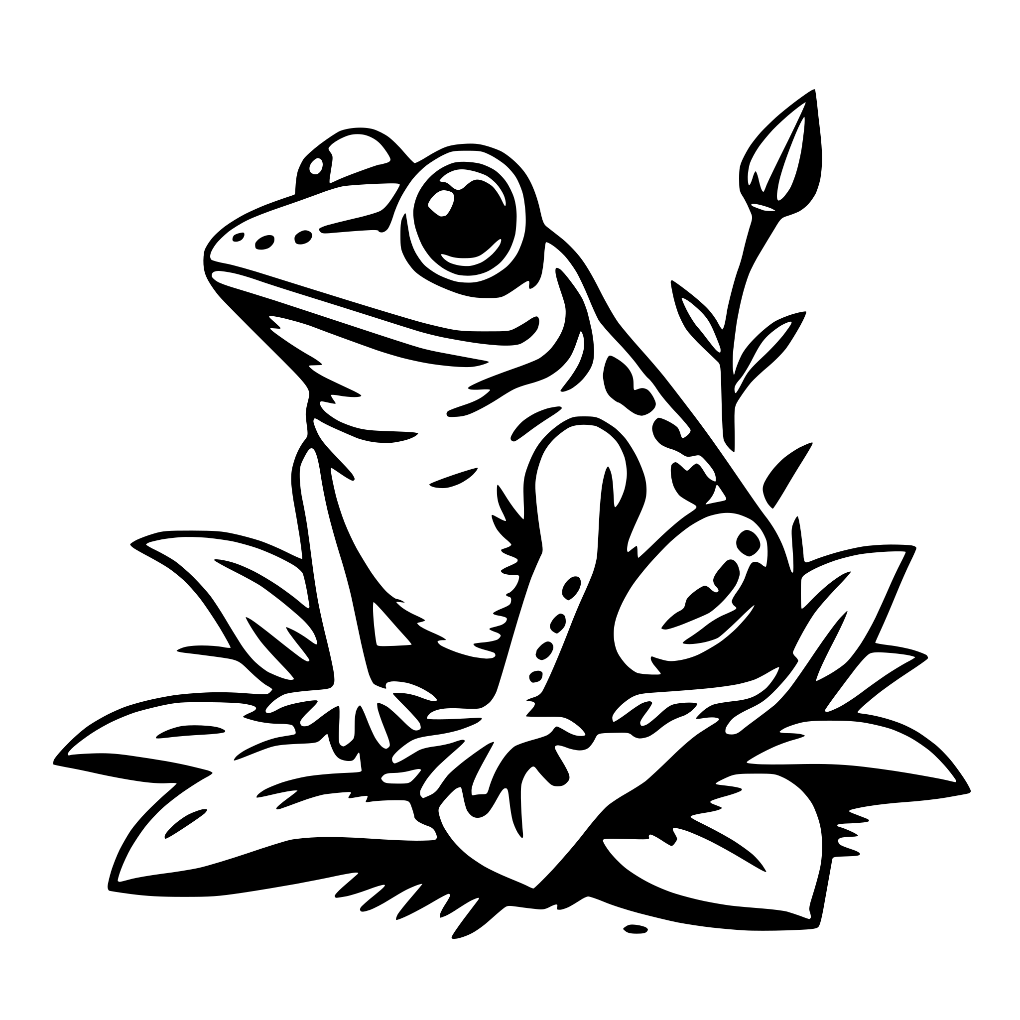 The SVG features a stylized illustration of a frog sitting on a lily pad. The frog has large, round eyes and a simple, cartoon-like body with a pattern of spots. It has four legs and is depicted with a calm and relaxed posture. The lily pad has a detailed leaf pattern and a small flower with a single petal on the right side of the frog. The overall style is minimalistic and appears to be designed for a logo or icon. 