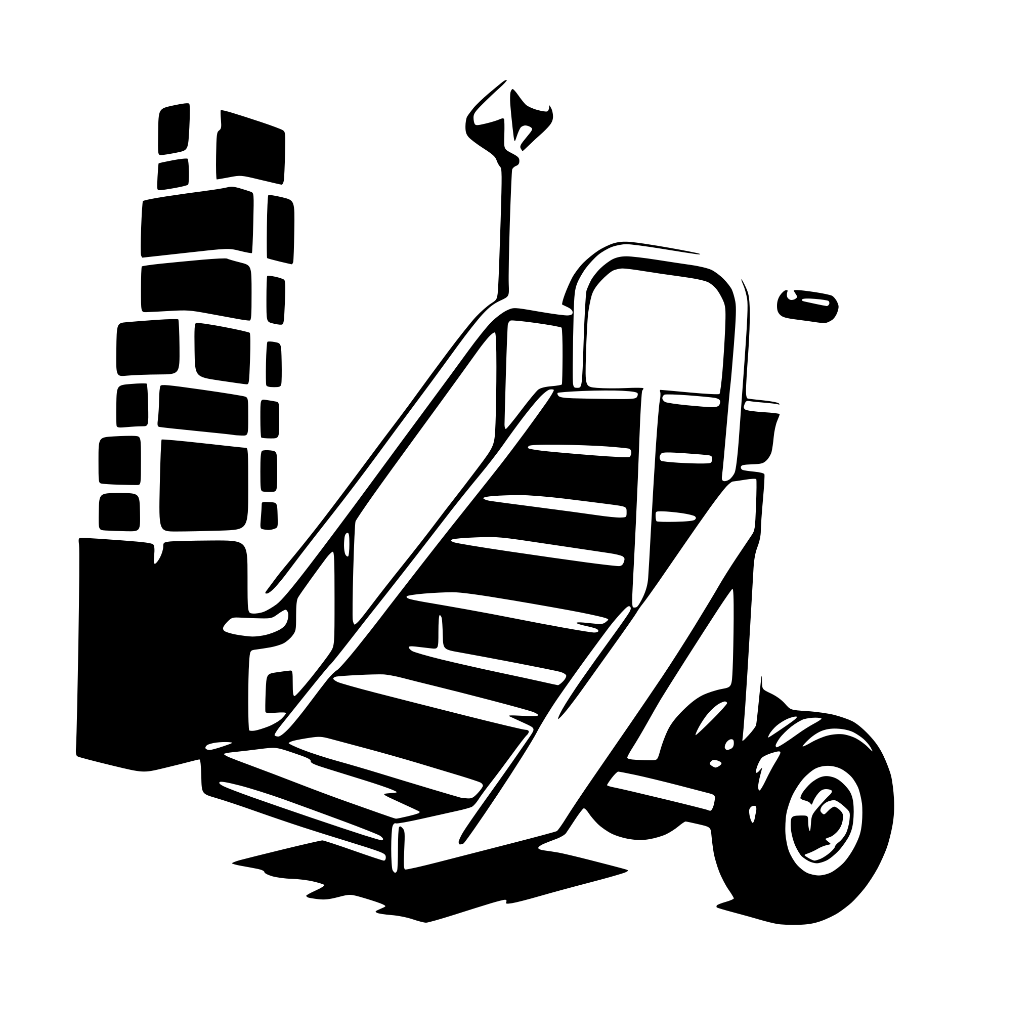 AI-generated SVG of a A stair-climbing hand truck carrying a package, smoothly ascending a staircase. The stair-climbing device has robust wheels designed to tackle steps, with a large, securely strapped package.