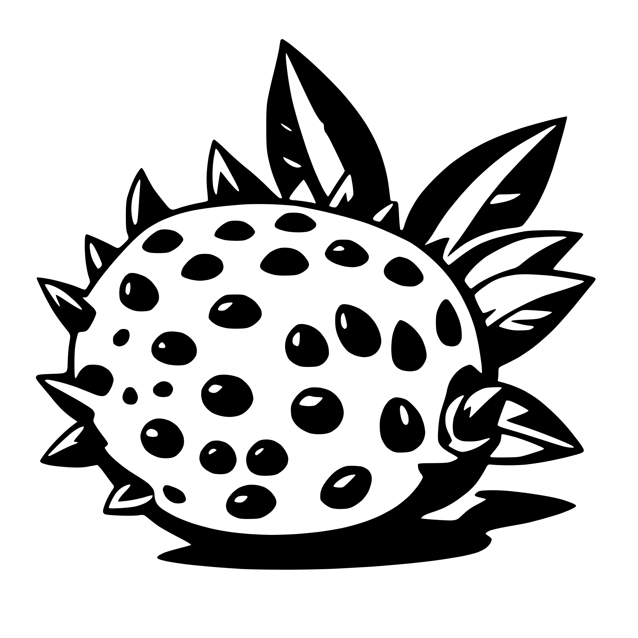 The SVG depicts a stylized, cartoon-like illustration of a plant with a large, spherical fruit. The fruit has a textured surface with numerous small, dark dots, giving it a spiky appearance. The plant has pointed, elongated leaves that radiate outward from the top of the fruit. The leaves are also textured with small dots and have a pointed, serrated edge. The plant's stem is thin and extends downward from the base of the fruit. The overall style is simplistic and graphic, with bold outlines and minimal shading. 