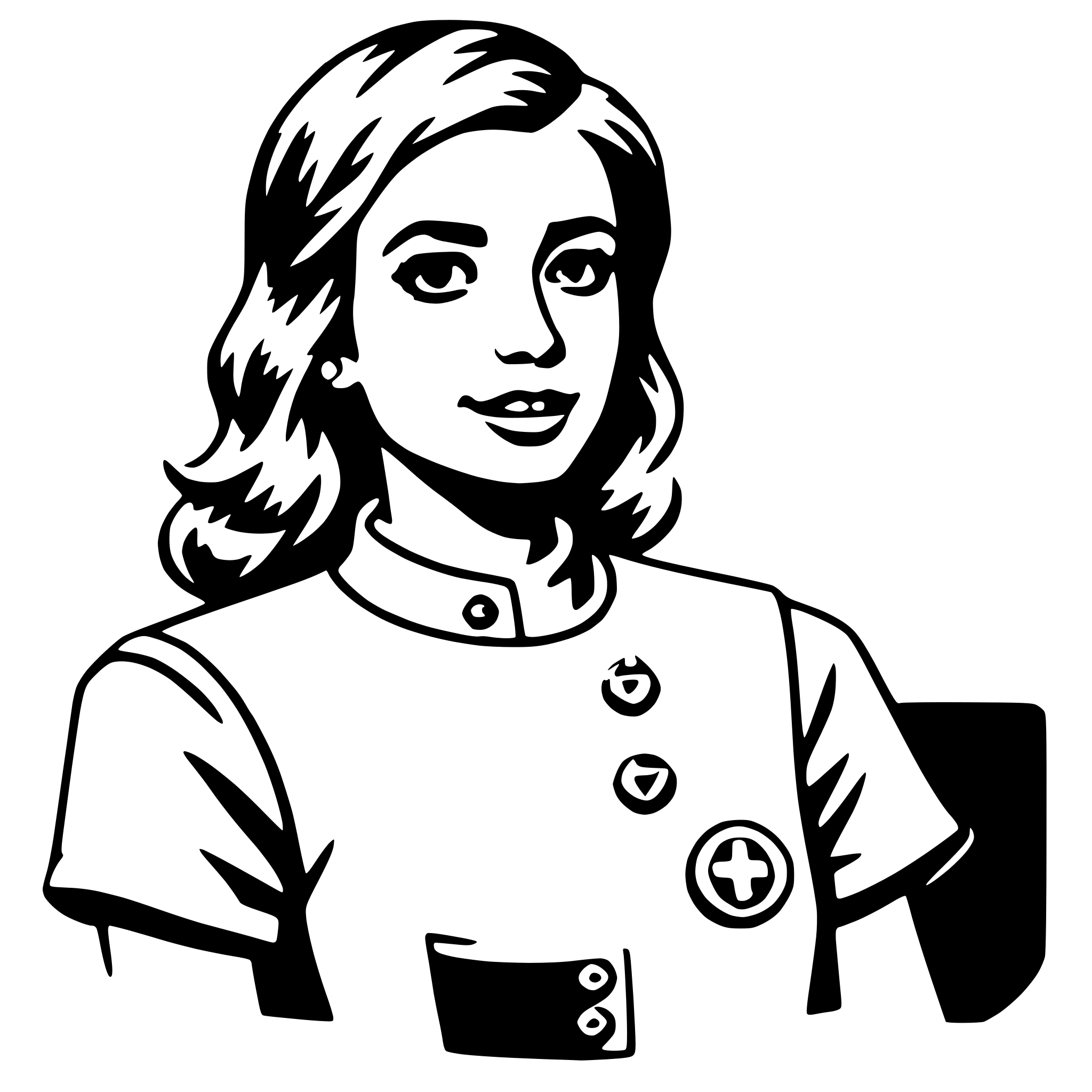The SVG depicts a stylized illustration of a woman. She has long hair, parted in the middle, and is wearing a white shirt with a collar and two buttons. The shirt has a pocket on the left side, and there is a small, circular emblem on the right side of the chest. The woman is smiling and looking slightly to the left. The style of the illustration is simplistic and cartoon-like, with bold outlines and minimal shading. 