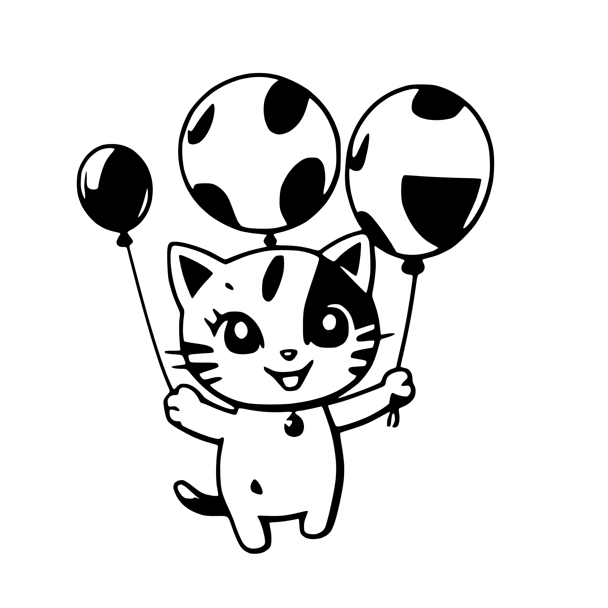AI-generated SVG of a a happy cat floating with balloons