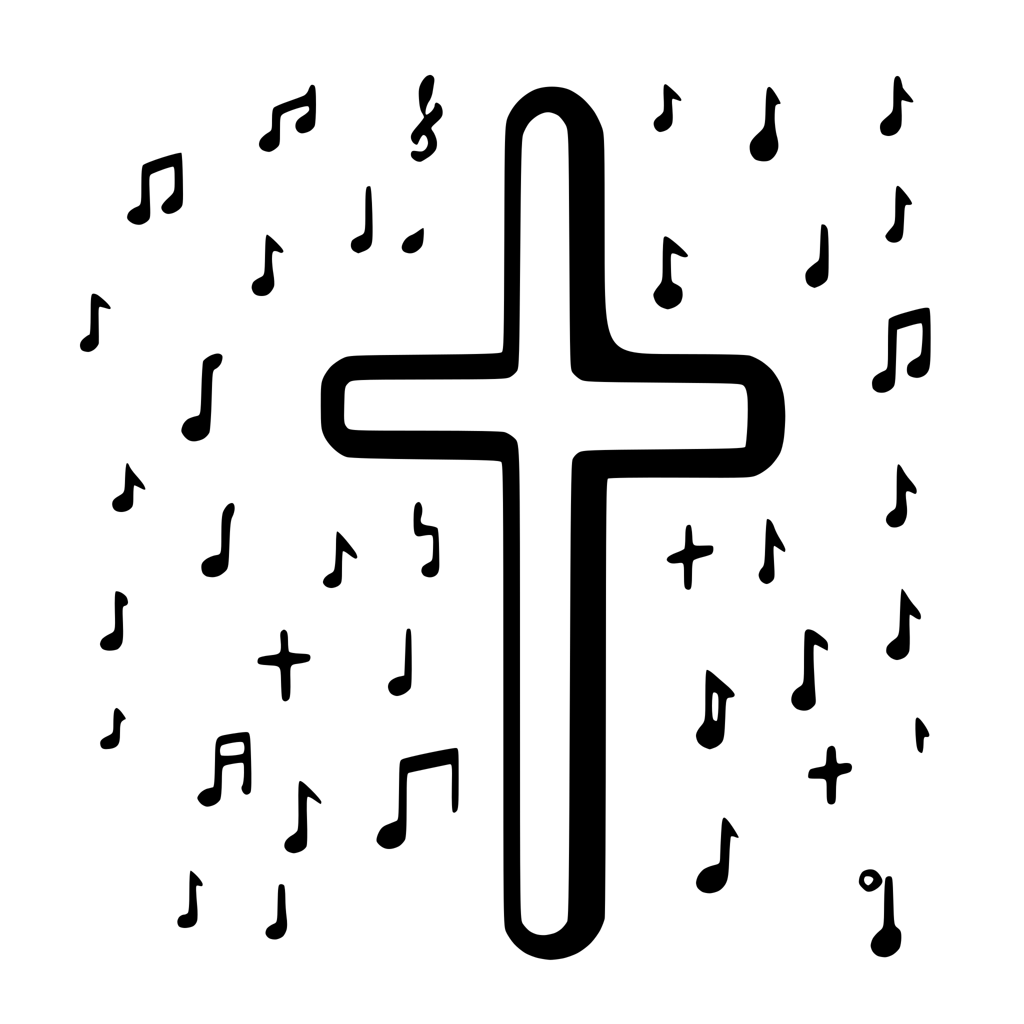AI-generated SVG of a Combine small icons of music instruments (e.g. violin, trumpet, guitar, piano etc.) and music notes, so all of them are aligned to create a shape of a christian cross