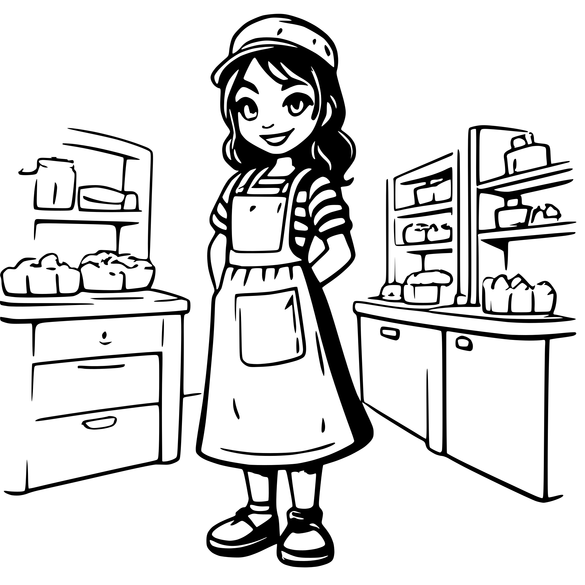AI-generated SVG of a "A full-body cartoon-style illustration of a young female baker with fair skin, long curly dark brown hair, and big expressive eyes. She is wearing a white baker's hat, a blue striped T-shirt, denim pants, and a white apron. She stands barefoot in brown sandals, smiling warmly with a friendly expression. The background is transparent or plain white. The art style should be clean vector or SVG-style, with smooth outlines, soft shadows, and a polished, professional appearance."