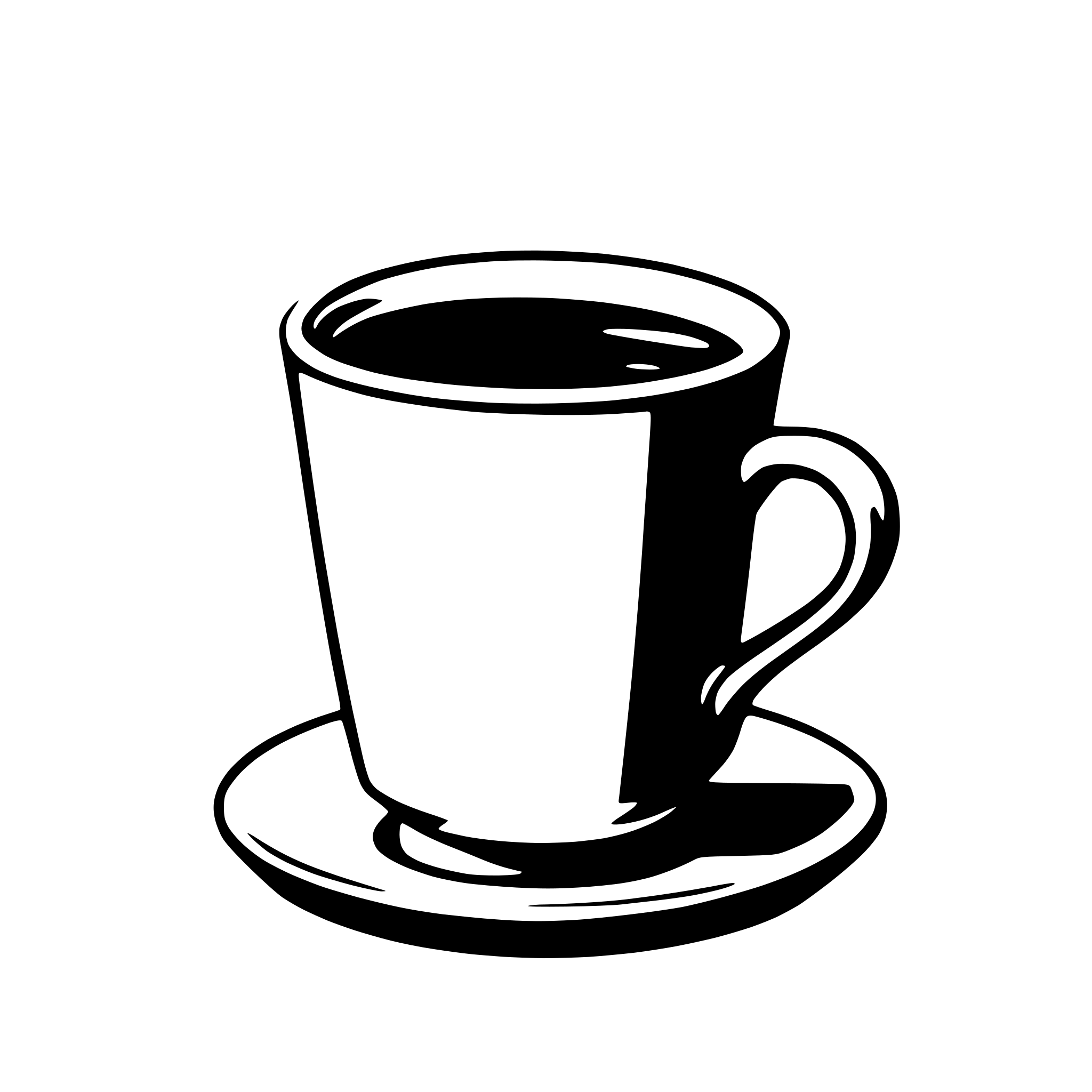 The SVG shows a simple line drawing of a coffee cup and saucer. The cup is depicted with a handle on the side and a small amount of liquid inside, suggesting it is filled with coffee. The saucer is shown with a slight shadow beneath it, indicating that it is placed on a surface. The style of the drawing is minimalistic and uses basic shapes and lines to represent the objects. There is no interaction between the objects; they are static and do not depict any actions. 