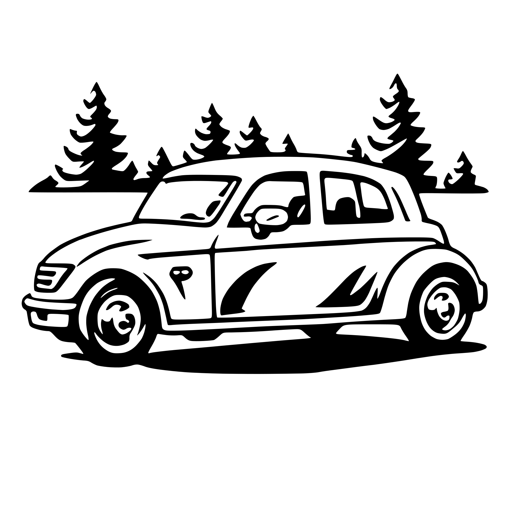 The SVG depicts a stylized, cartoon-like illustration of a car. The car is shown from a three-quarter perspective, with the front and side visible. It has a rounded, simplistic design with a smooth, curved outline. The car is positioned on a road, and there are trees in the background, suggesting a forested area. The trees are also stylized with simple outlines, and there are no visible details such as leaves or branches. The car appears to be in motion, as indicated by the slight blur on the wheels and the background. The overall style is minimalistic and appears to be designed for a logo or icon, given its simplicity and lack of intricate detail. 